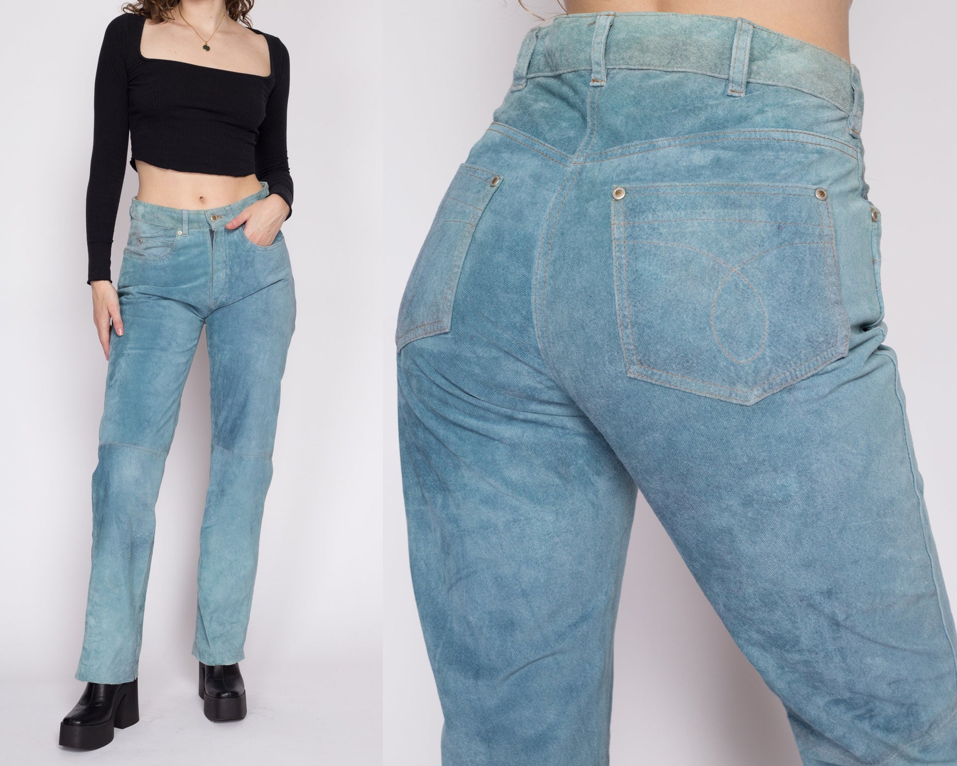Medium 90s Blue Suede Trousers 31" | Vintage Soft Faded Leather Mid Rise Pants