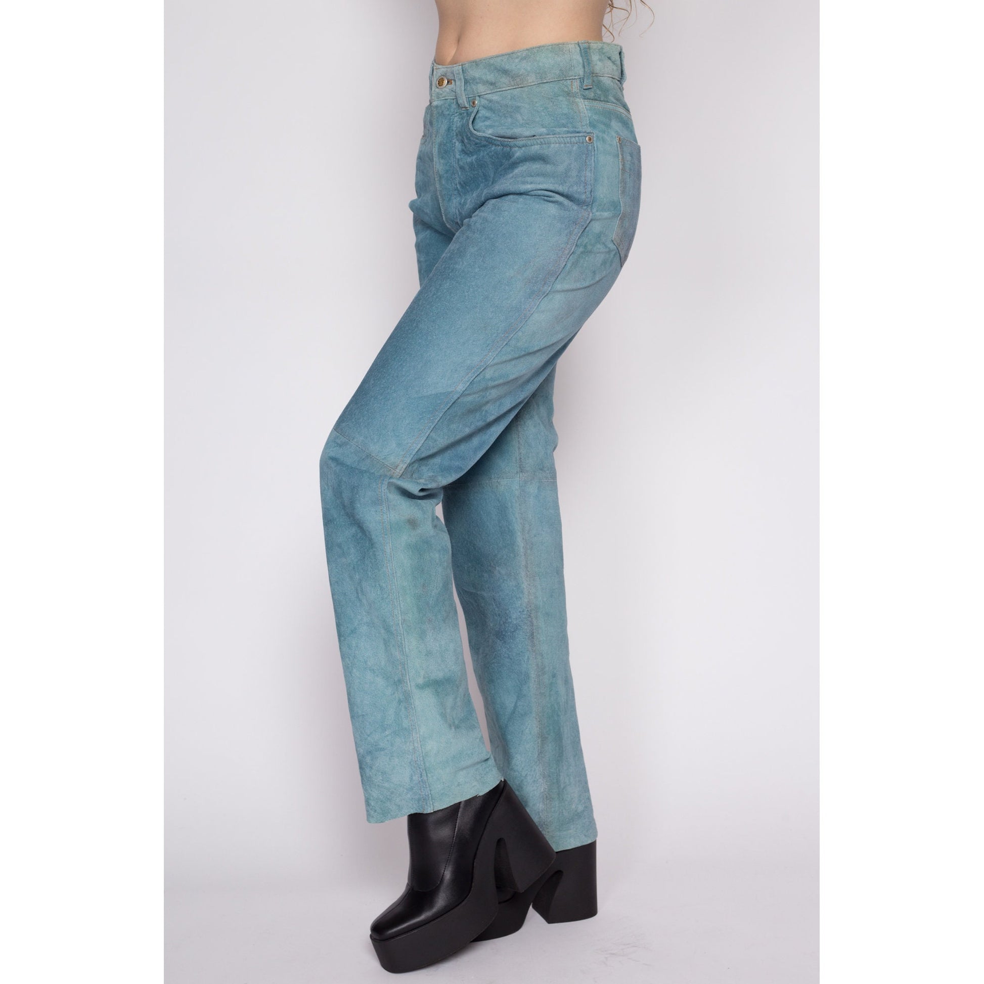 Medium 90s Blue Suede Trousers 31" | Vintage Soft Faded Leather Mid Rise Pants