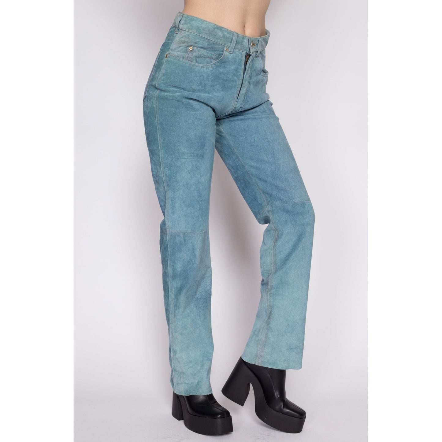 Medium 90s Blue Suede Trousers 31" | Vintage Soft Faded Leather Mid Rise Pants