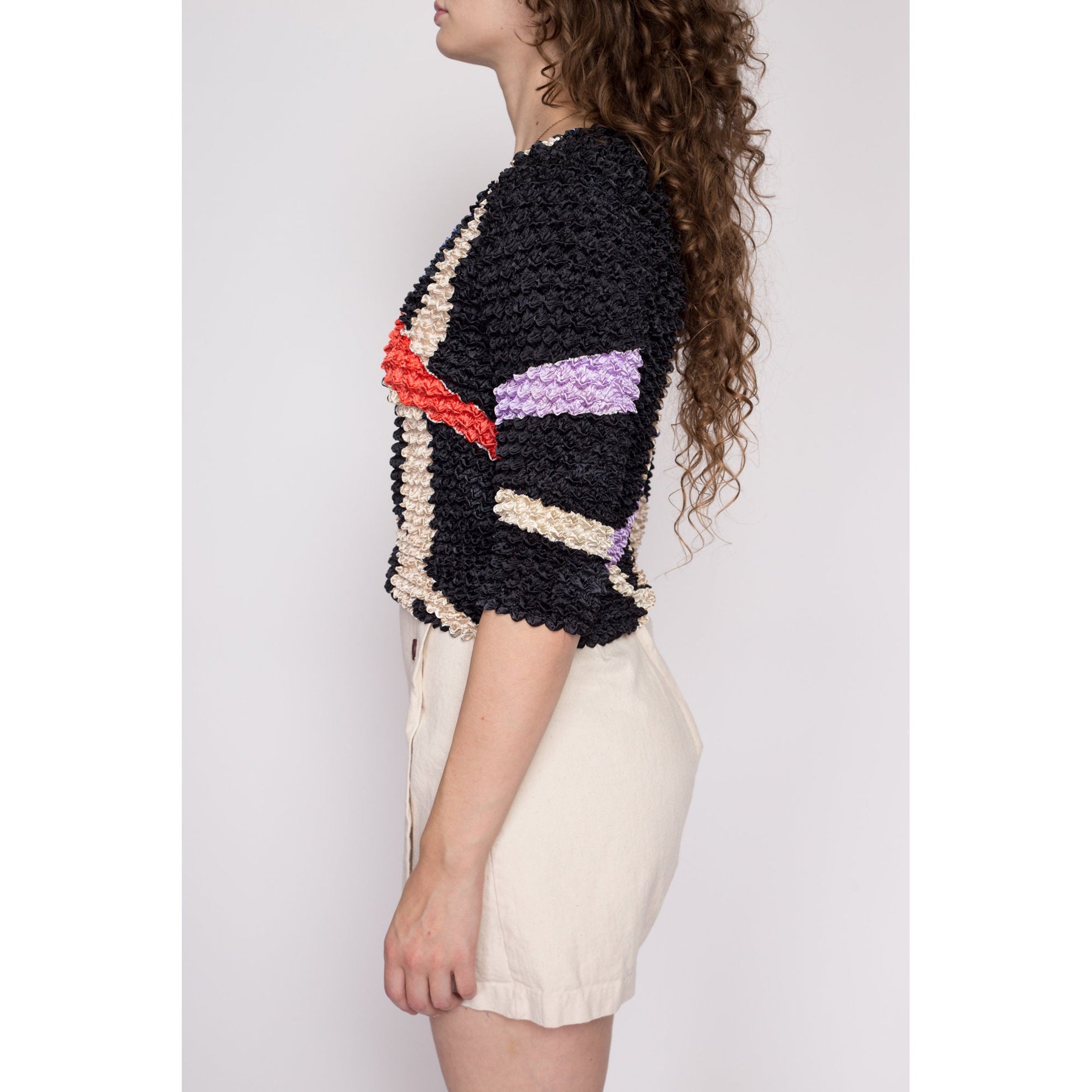 One Size Y2K Abstract Striped Popcorn Shirt | Vintage Stretchy Bubble Geometric Cropped 3/4 Sleeve Top