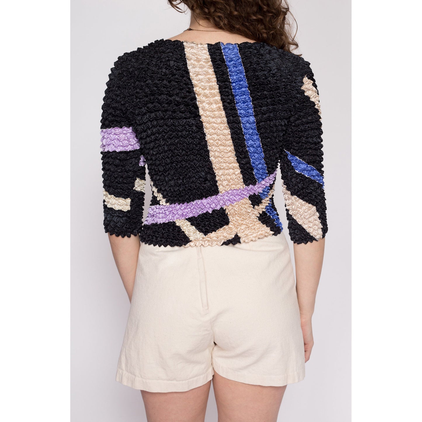 One Size Y2K Abstract Striped Popcorn Shirt | Vintage Stretchy Bubble Geometric Cropped 3/4 Sleeve Top