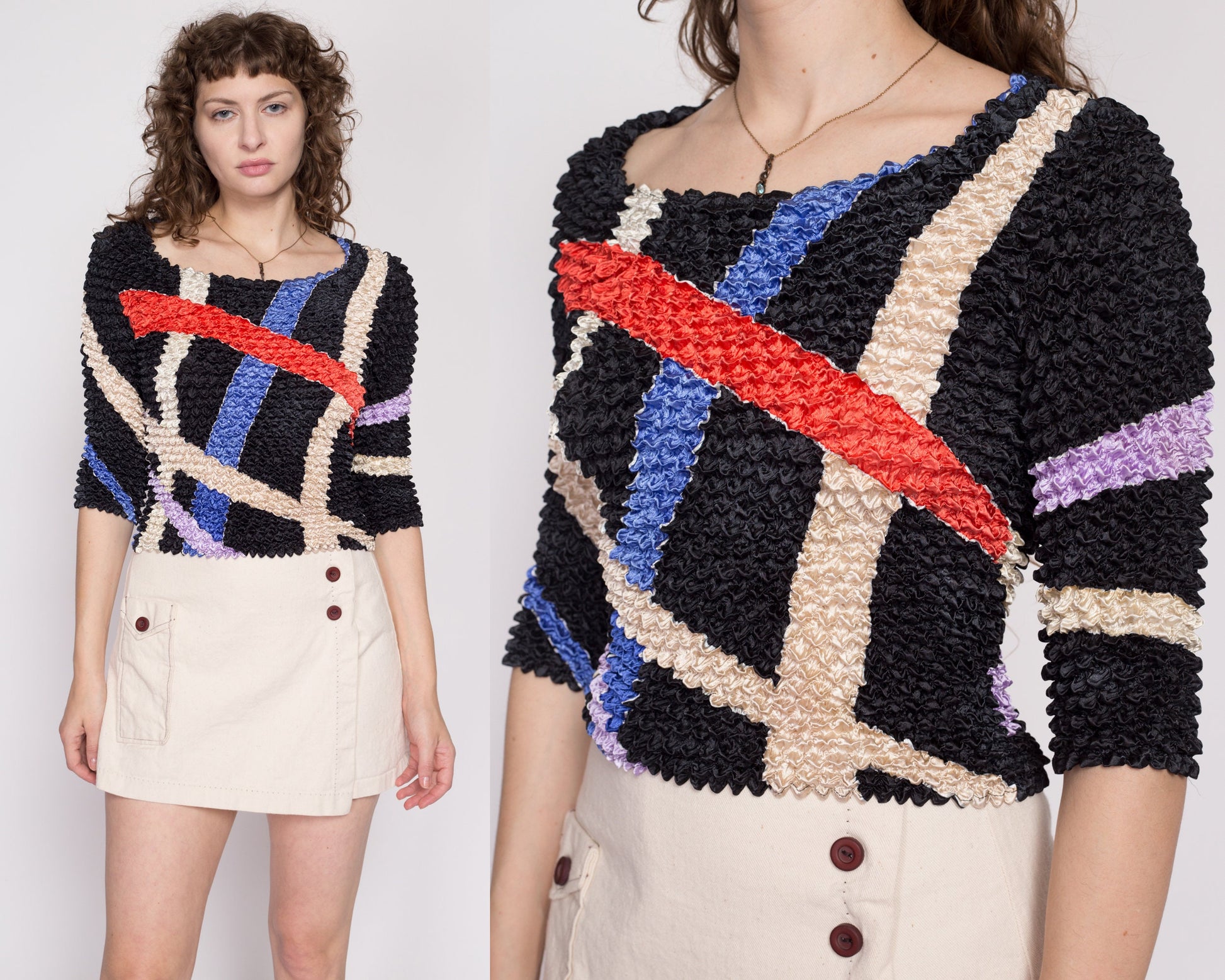 One Size Y2K Abstract Striped Popcorn Shirt | Vintage Stretchy Bubble Geometric Cropped 3/4 Sleeve Top