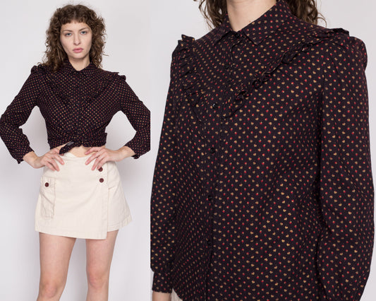 Large 70s Calico Clover Print Prairie Blouse | Vintage Brown Floral Ruffle Yoke Button Up Boho Top