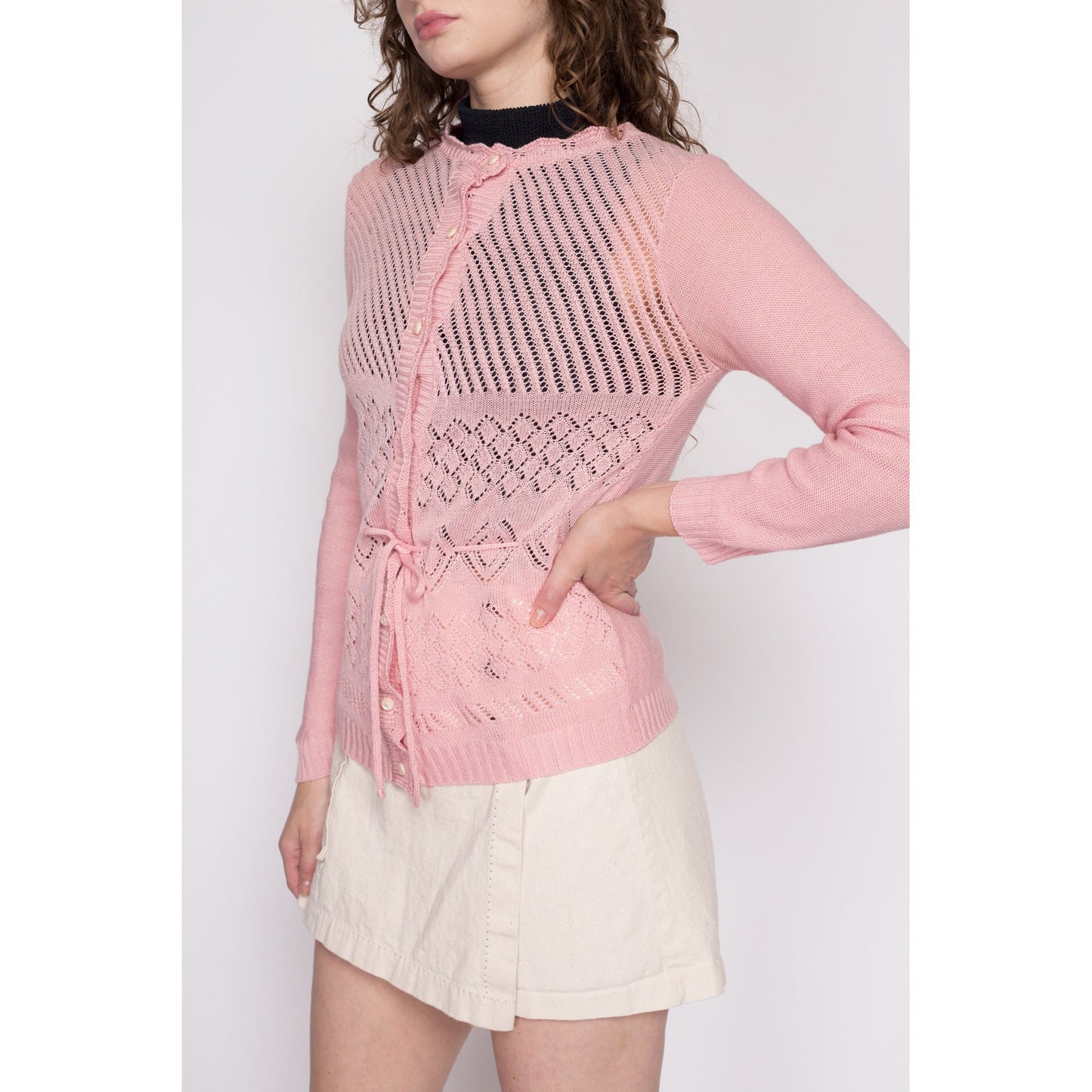 Small 70s Pink Eyelet Knit Sweater Top | Vintage Sheer Open Weave Fitted Drawstring Waist Long Sleeve Shirt