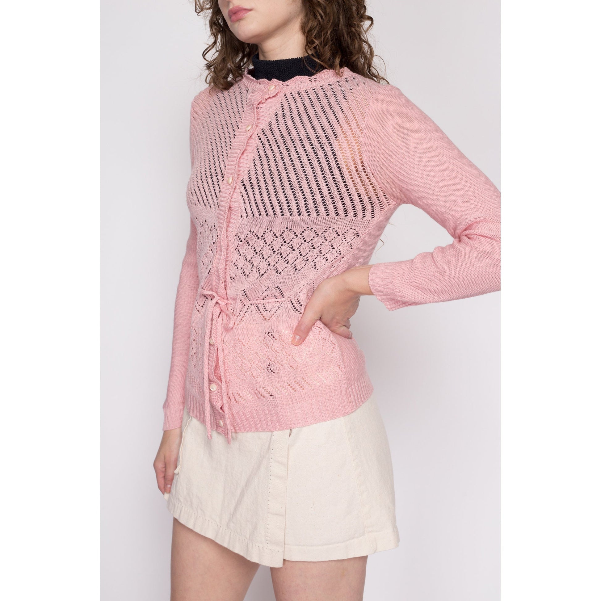Small 70s Pink Eyelet Knit Sweater Top | Vintage Sheer Open Weave Fitted Drawstring Waist Long Sleeve Shirt
