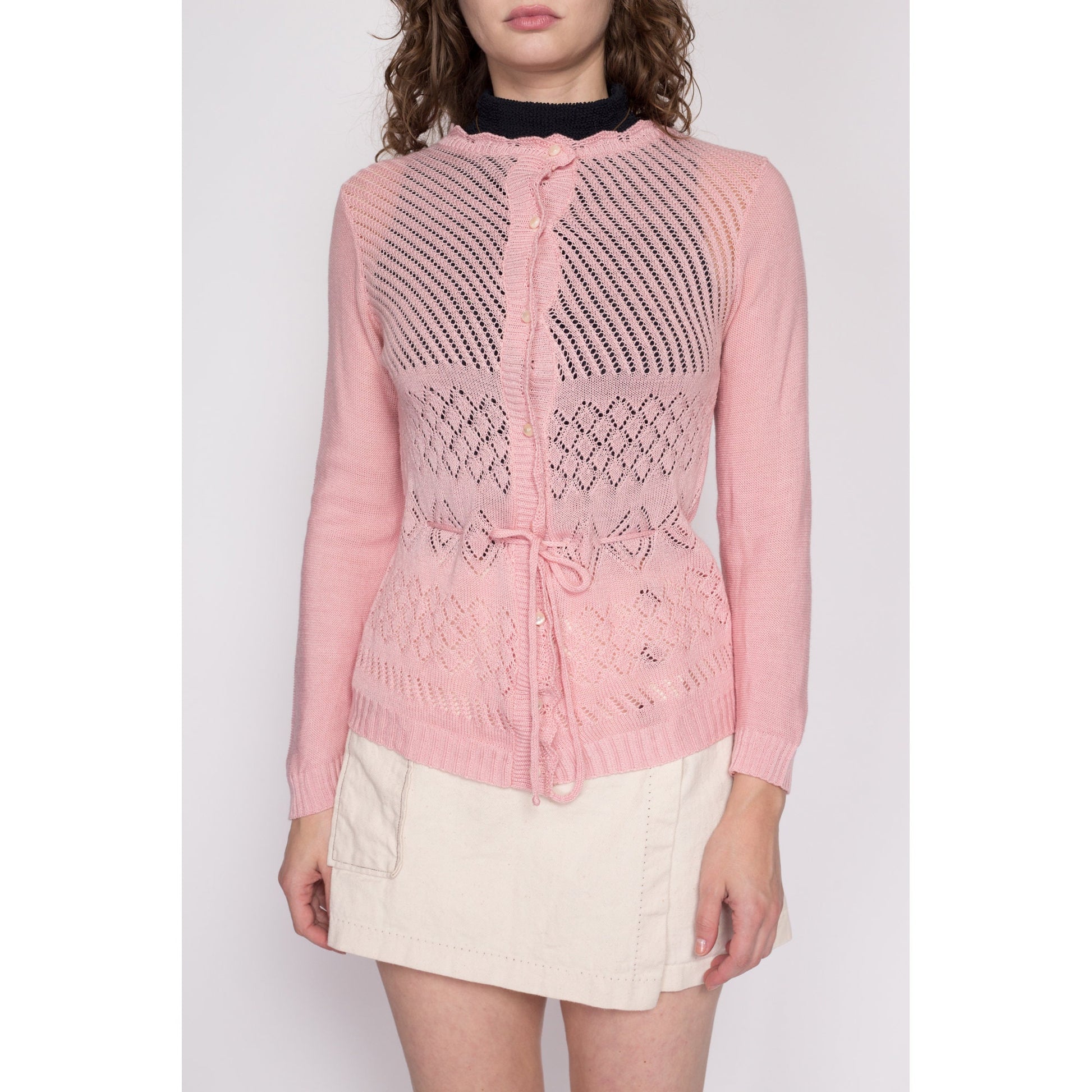 Small 70s Pink Eyelet Knit Sweater Top | Vintage Sheer Open Weave Fitted Drawstring Waist Long Sleeve Shirt