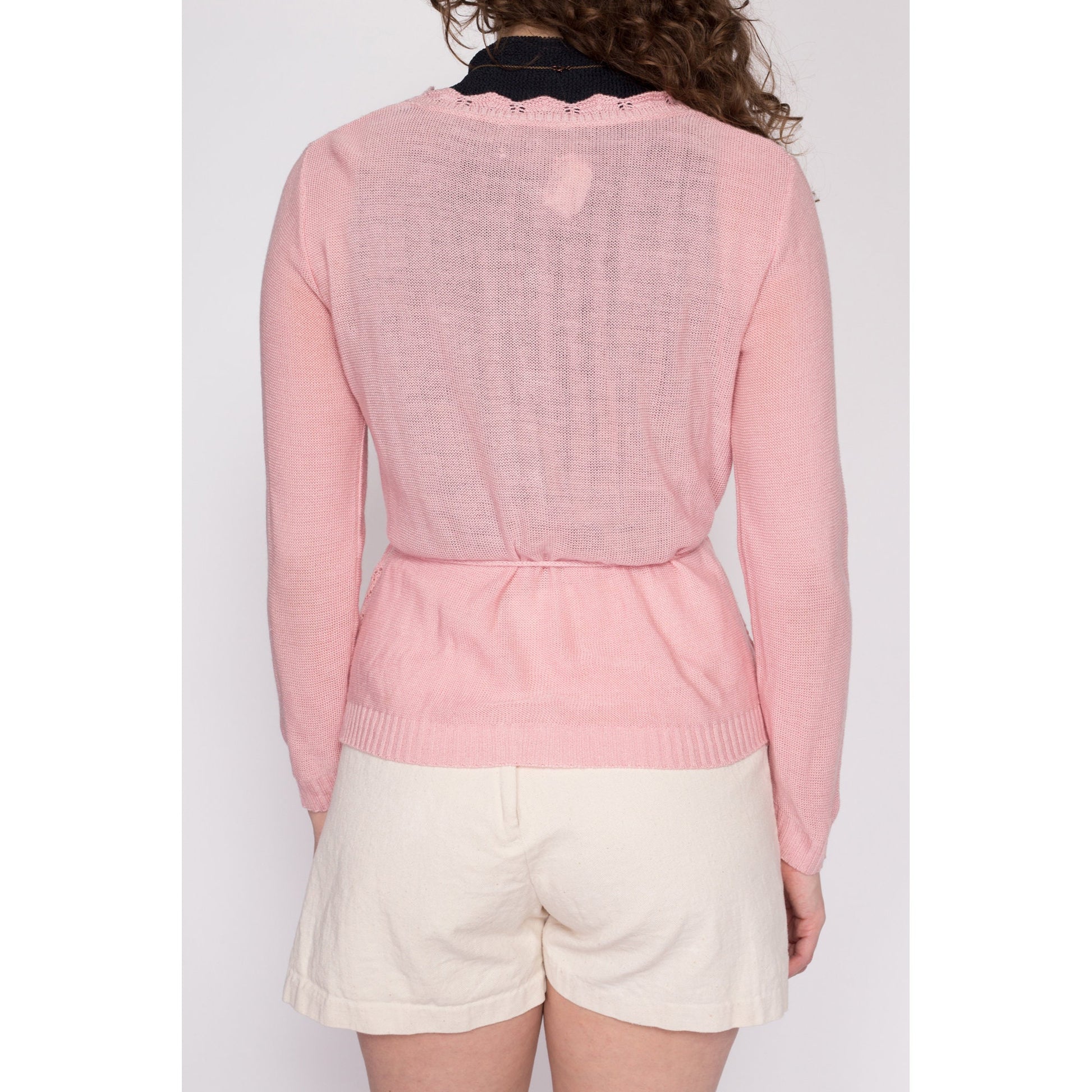 Small 70s Pink Eyelet Knit Sweater Top | Vintage Sheer Open Weave Fitted Drawstring Waist Long Sleeve Shirt