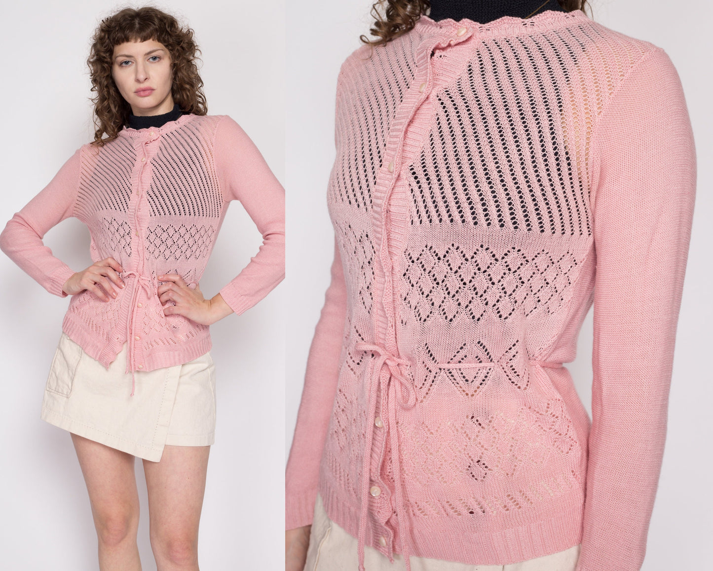 Small 70s Pink Eyelet Knit Sweater Top | Vintage Sheer Open Weave Fitted Drawstring Waist Long Sleeve Shirt