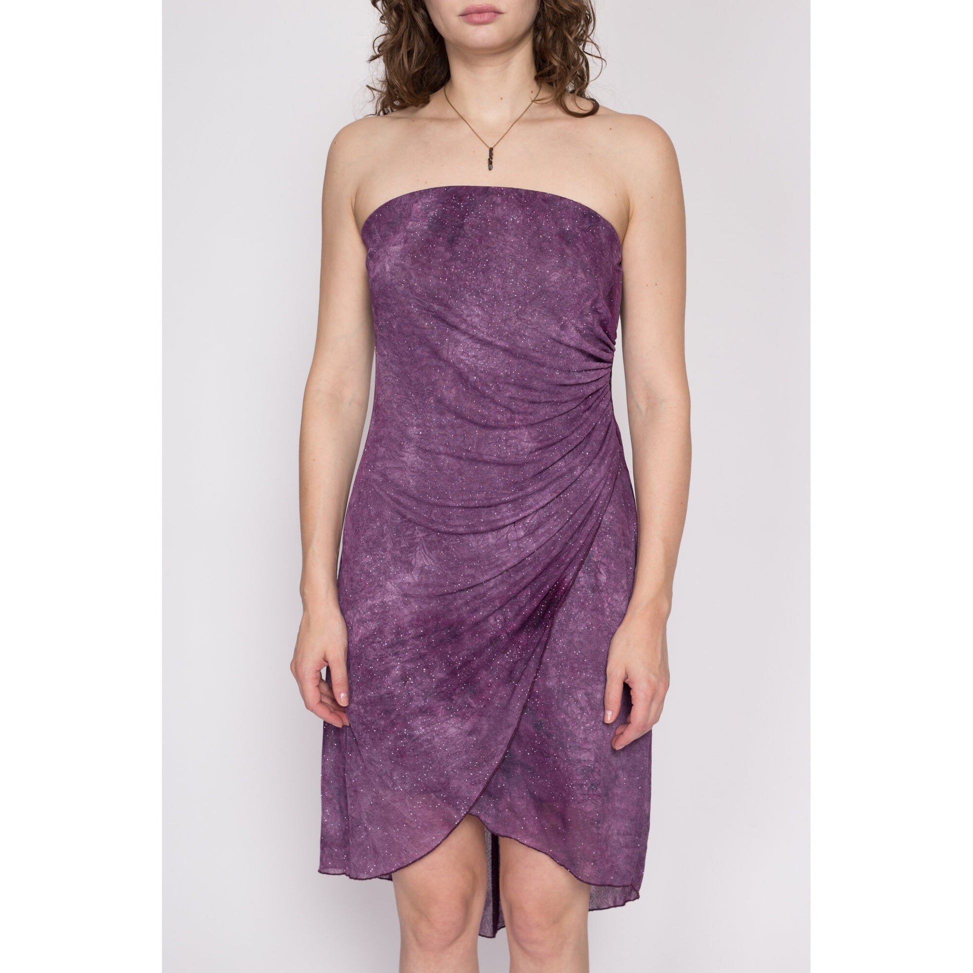 Medium 90s Purple Galaxy Sparkle Party Dress | Vintage Strapless Asymmetrical Cocktail Mini Dress