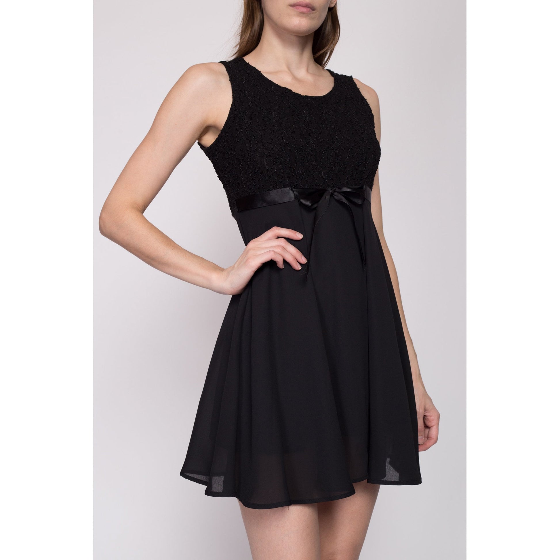 Medium 90s Black Babydoll Party Dress | Vintage Ribbon Trim Flowy Chiffon Mini Dress