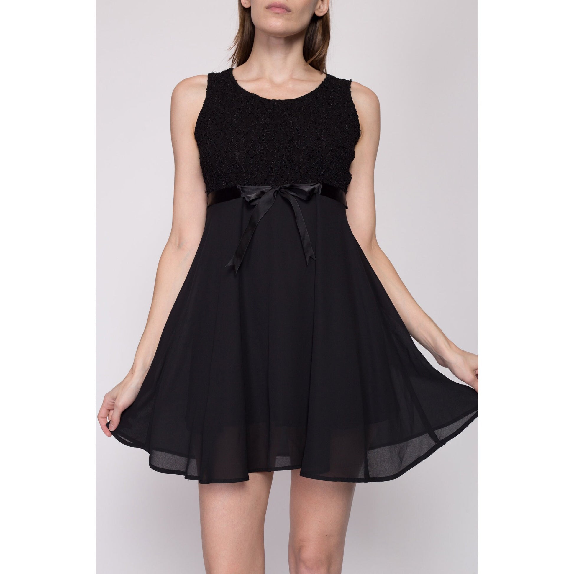 Medium 90s Black Babydoll Party Dress | Vintage Ribbon Trim Flowy Chiffon Mini Dress
