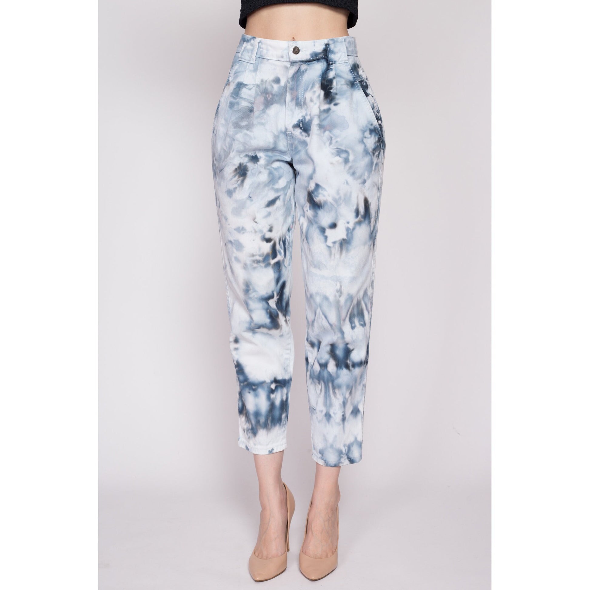 XS 80s High Waisted Tie Dye Pleated Mom Jeans 25" | Vintage Chic Blue White Ice Dyed Reworked Tapered Leg Jeans