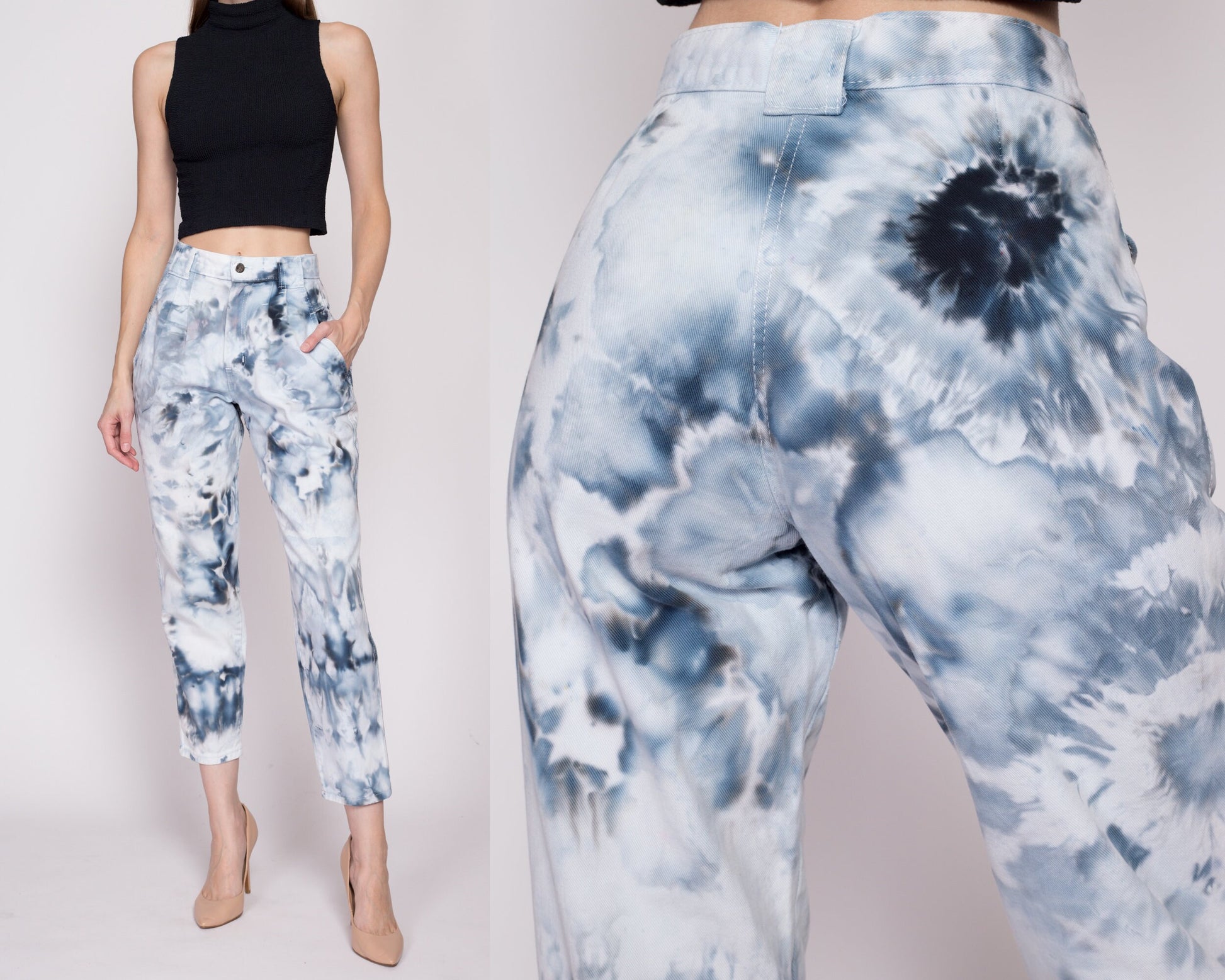 XS 80s High Waisted Tie Dye Pleated Mom Jeans 25" | Vintage Chic Blue White Ice Dyed Reworked Tapered Leg Jeans
