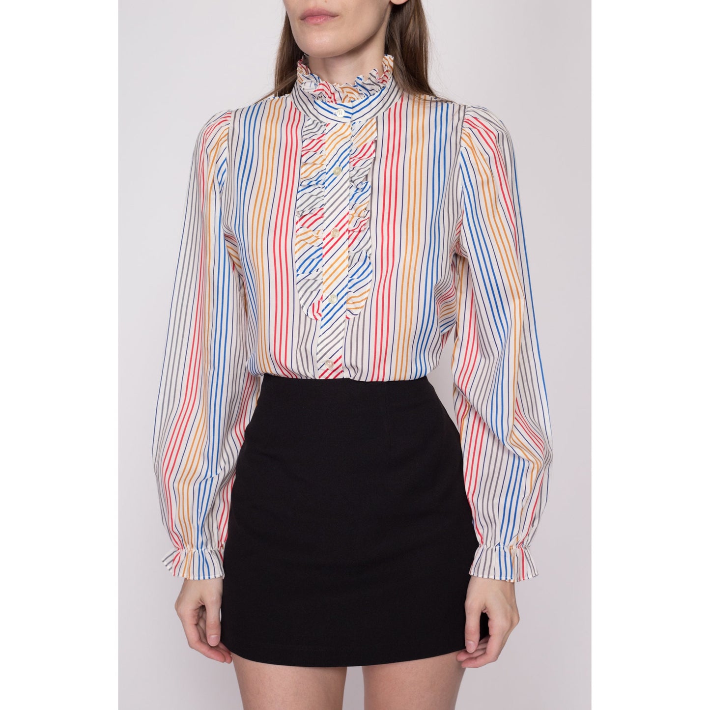Large 70s Candy Striped Tuxedo Ruffle Blouse | Vintage Long Sleeve Collared Button Up Shirt