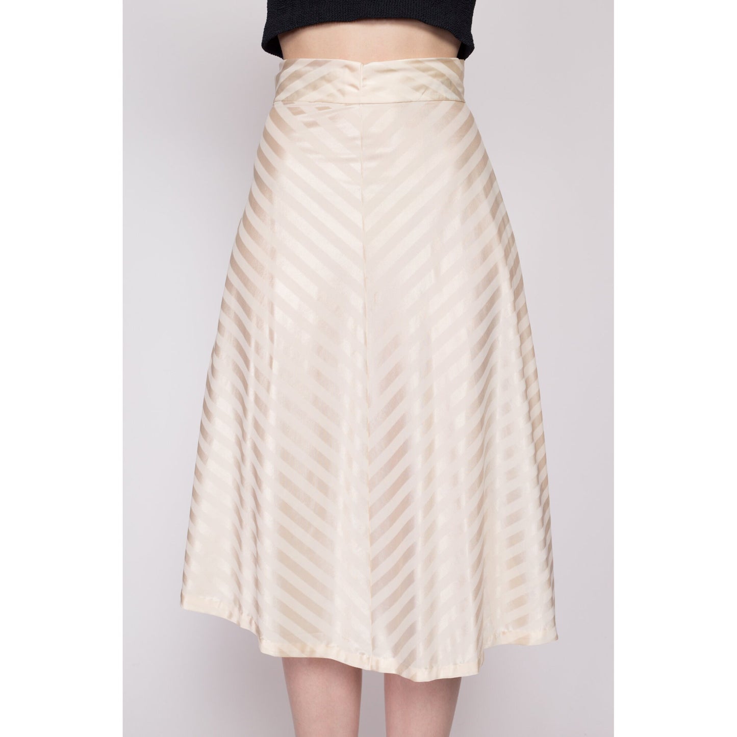 XS 70s Champagne Satin Striped Midi Skirt 24.5" | Vintage High Waisted A Line Skirt