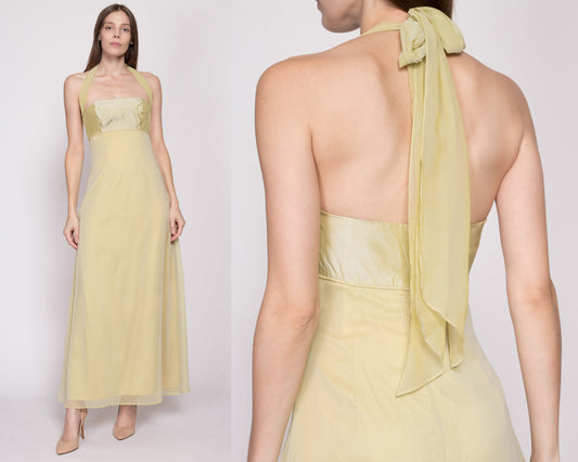 XS 90s Jim Hjelm Chartreuse Chiffon Evening Gown | Vintage Sleeveless Slinky Empire Waist Formal Maxi Dress