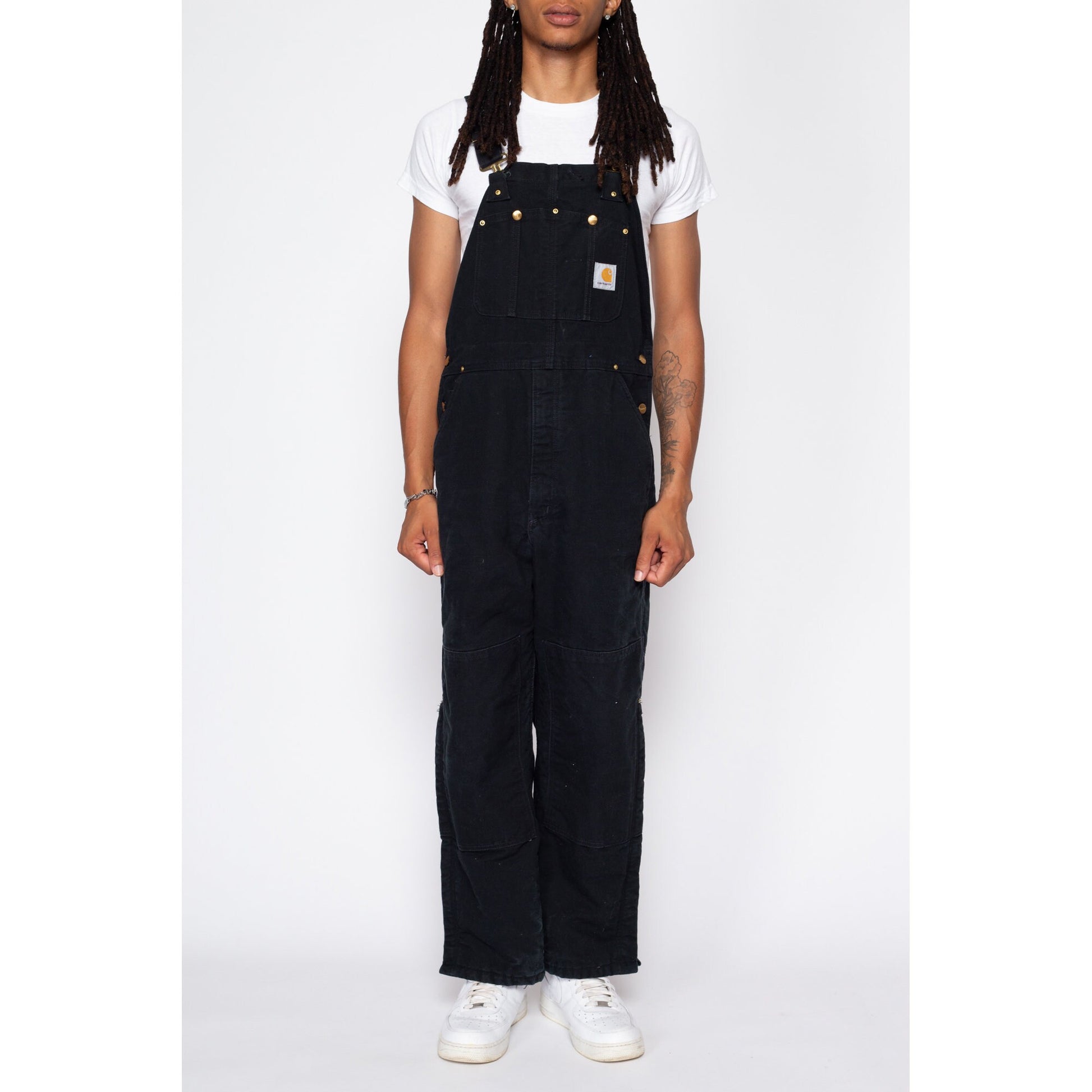 38x30 90s Carhartt Made In USA Black Insulated Overalls | Vintage Quilt Lined Workwear Jumpsuit