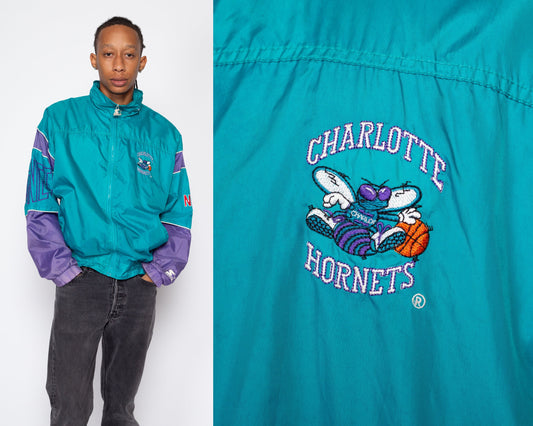 Large 90s Charlotte Hornets Starter Windbreaker | Vintage NBA Basketball Color Block Lightweight Jacket
