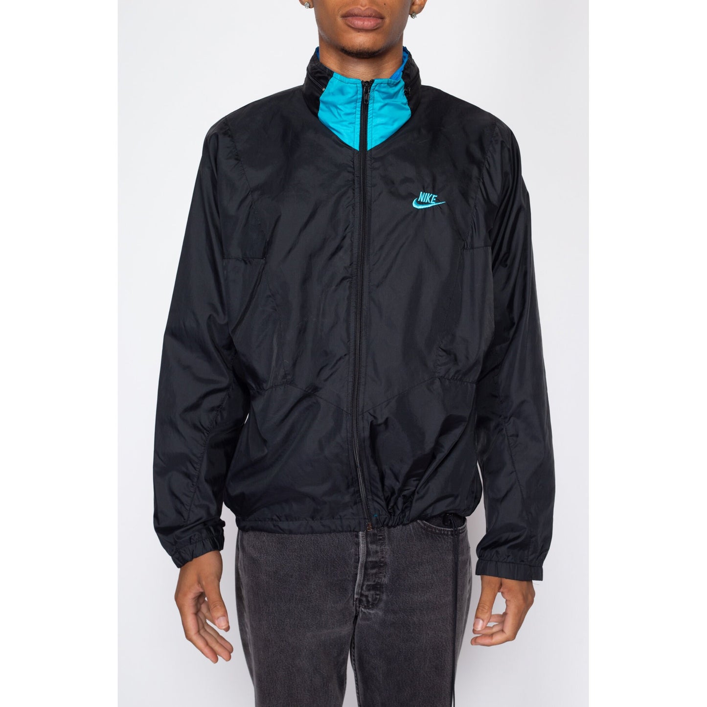 Large 80s 90s Nike Black & Blue Windbreaker | Vintage Streetwear Swoosh Logo Track Jacket