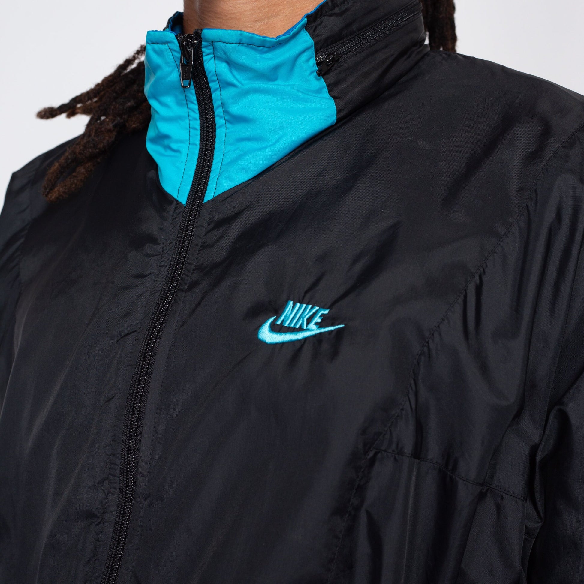 Large 80s 90s Nike Black & Blue Windbreaker | Vintage Streetwear Swoosh Logo Track Jacket