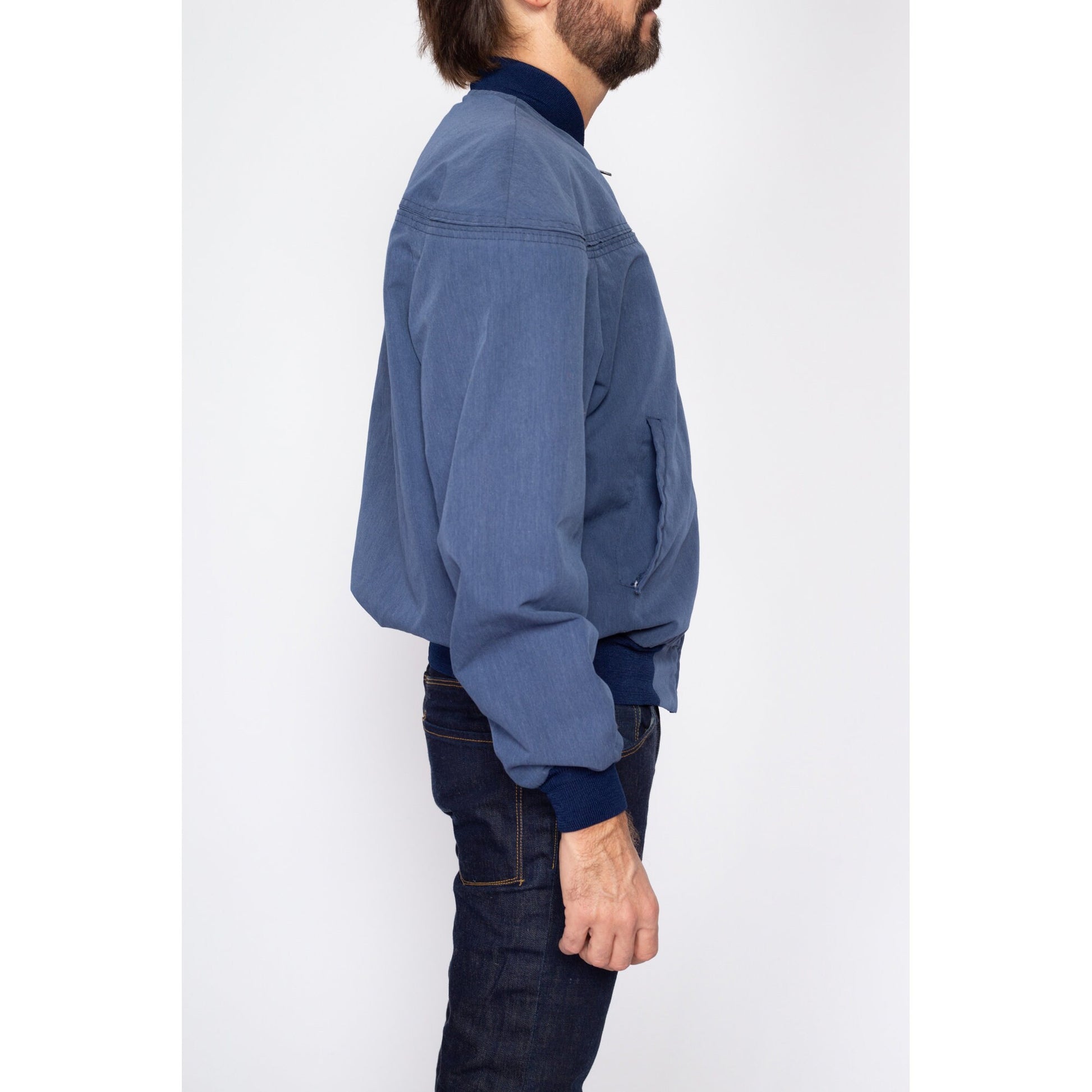 Large 80s Slate Blue Cropped Bomber Jacket | Vintage Zip Up Lightweight Windbreaker Jacket