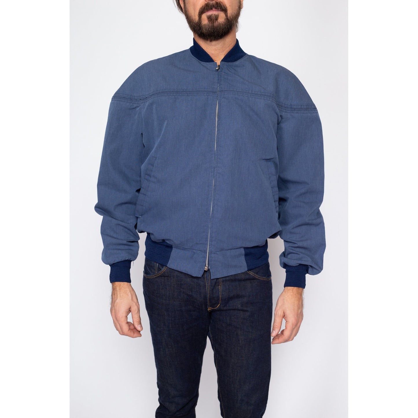Large 80s Slate Blue Cropped Bomber Jacket | Vintage Zip Up Lightweight Windbreaker Jacket