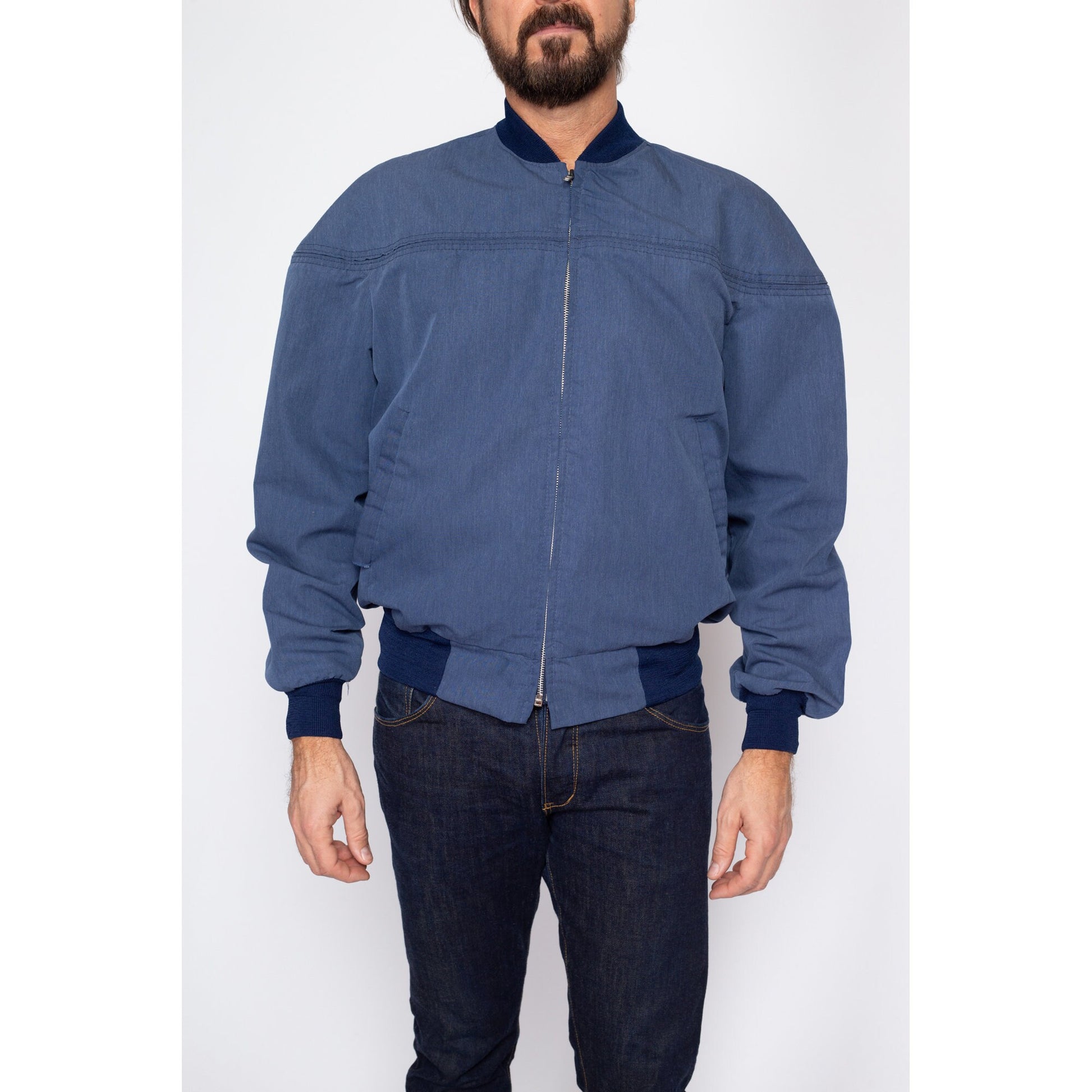 Large 80s Slate Blue Cropped Bomber Jacket | Vintage Zip Up Lightweight Windbreaker Jacket