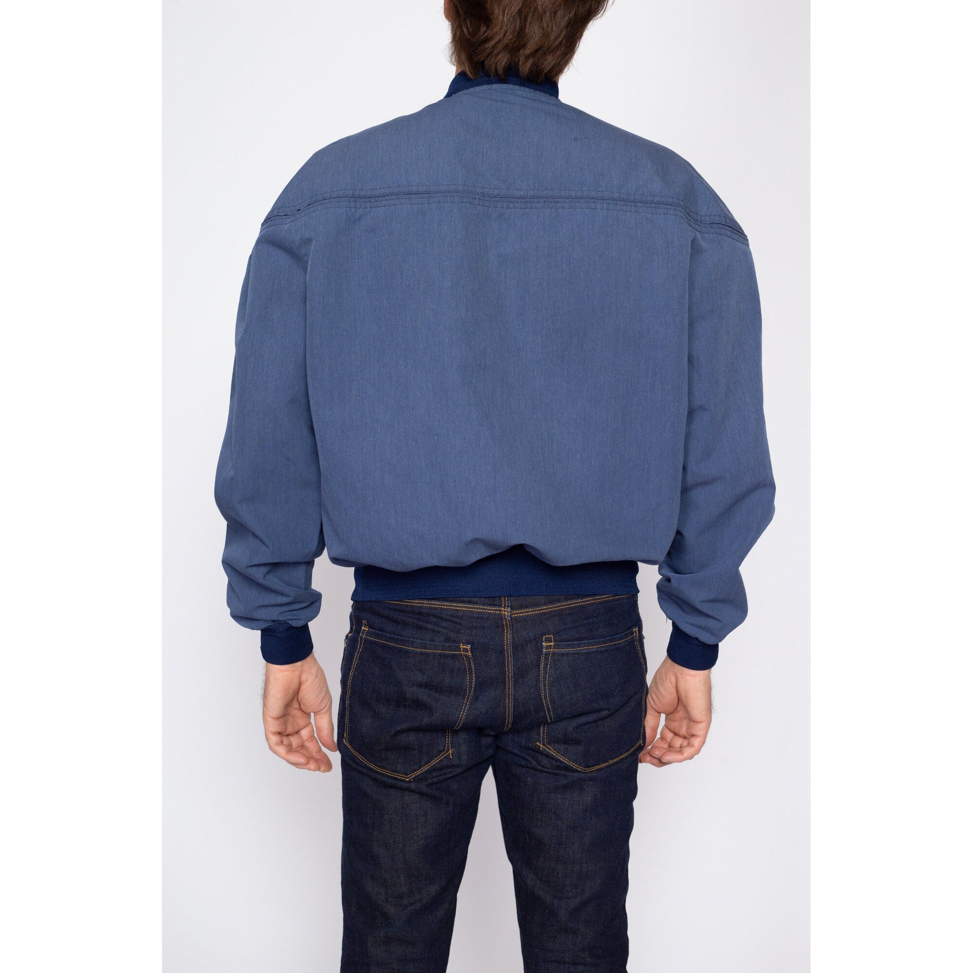 Large 80s Slate Blue Cropped Bomber Jacket | Vintage Zip Up Lightweight Windbreaker Jacket