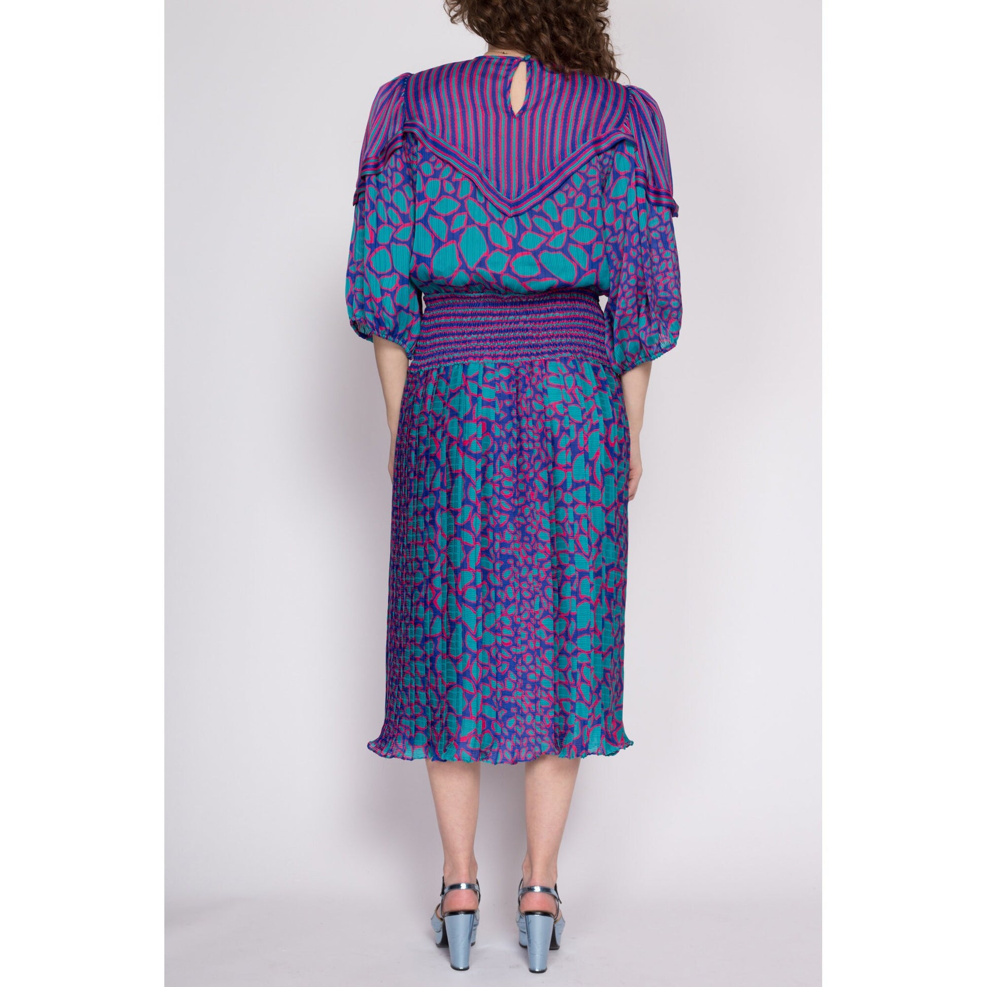 Small 80s Susan Freis Boho Designer Dress | Vintage Purple Blue Georgette Balloon Sleeve Striped Midi Dress