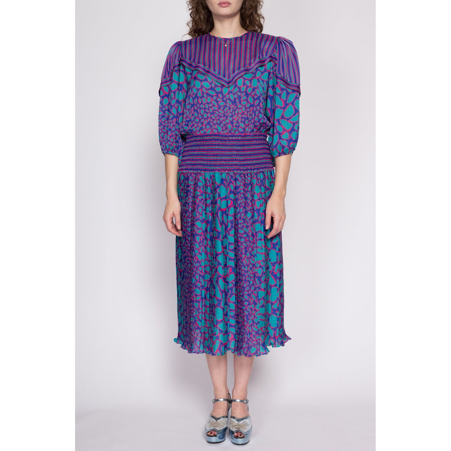 Small 80s Susan Freis Boho Designer Dress | Vintage Purple Blue Georgette Balloon Sleeve Striped Midi Dress