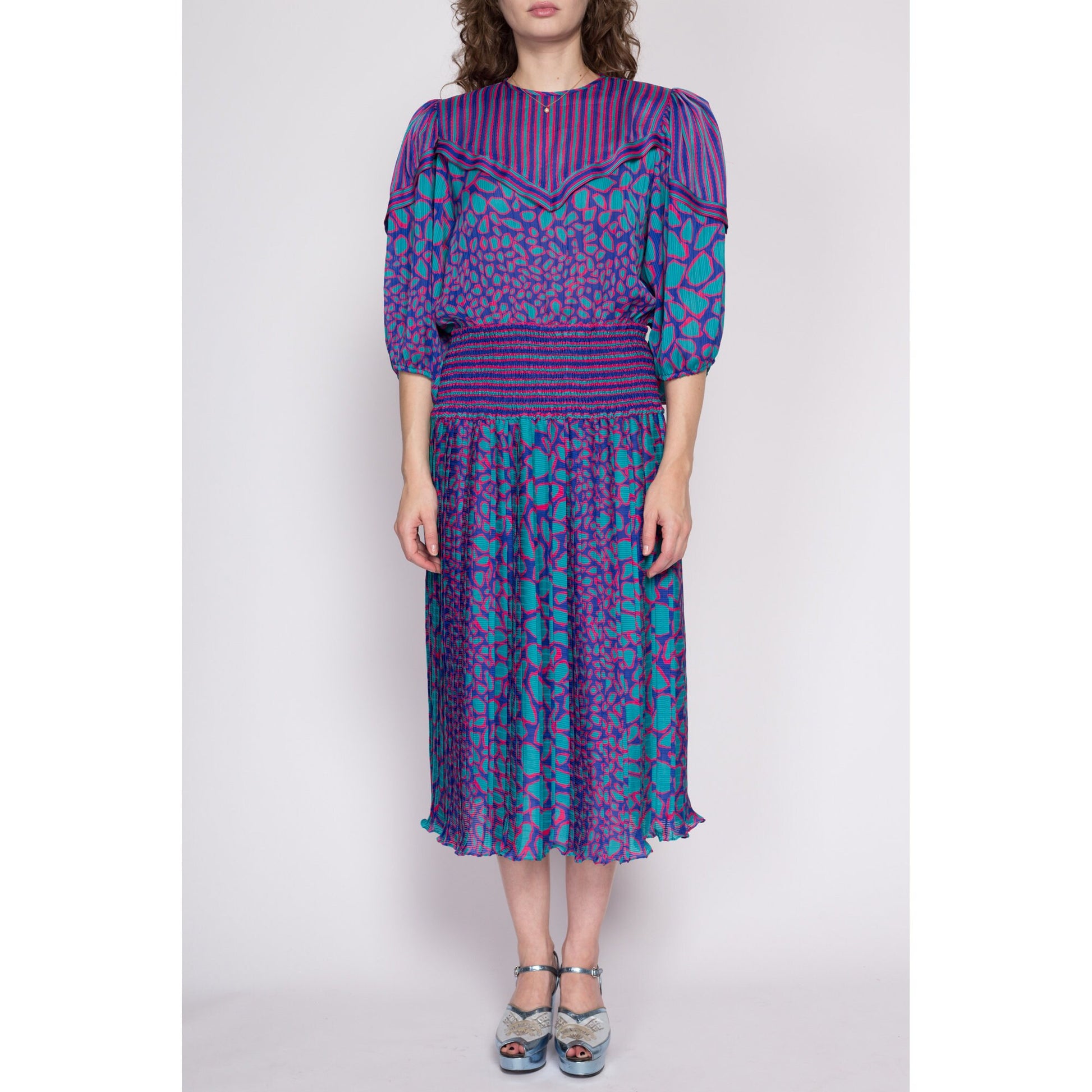 Small 80s Susan Freis Boho Designer Dress | Vintage Purple Blue Georgette Balloon Sleeve Striped Midi Dress