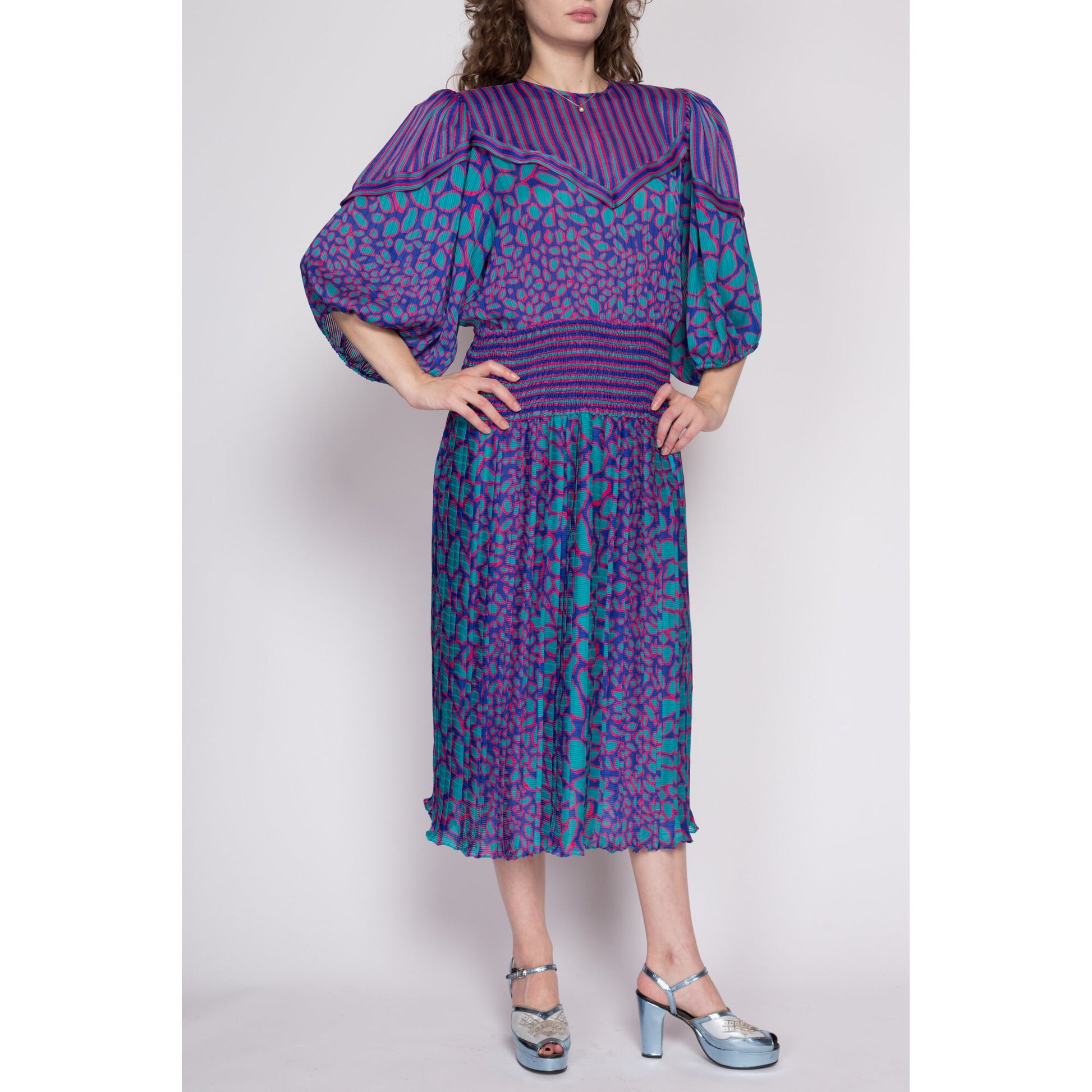 Small 80s Susan Freis Boho Designer Dress | Vintage Purple Blue Georgette Balloon Sleeve Striped Midi Dress