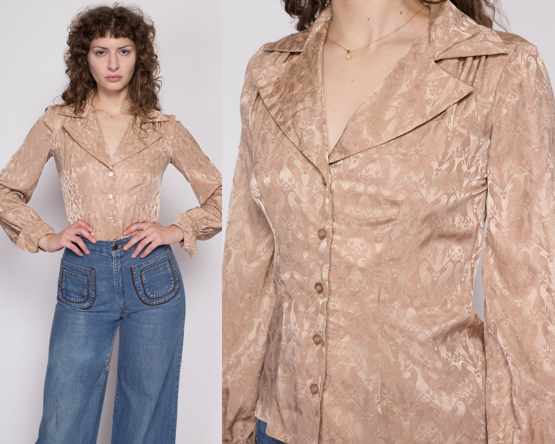 Sm-Med 70s Dove Print Satin Blouse Petite | Vintage Notched Collar Button Up Long Sleeved Top