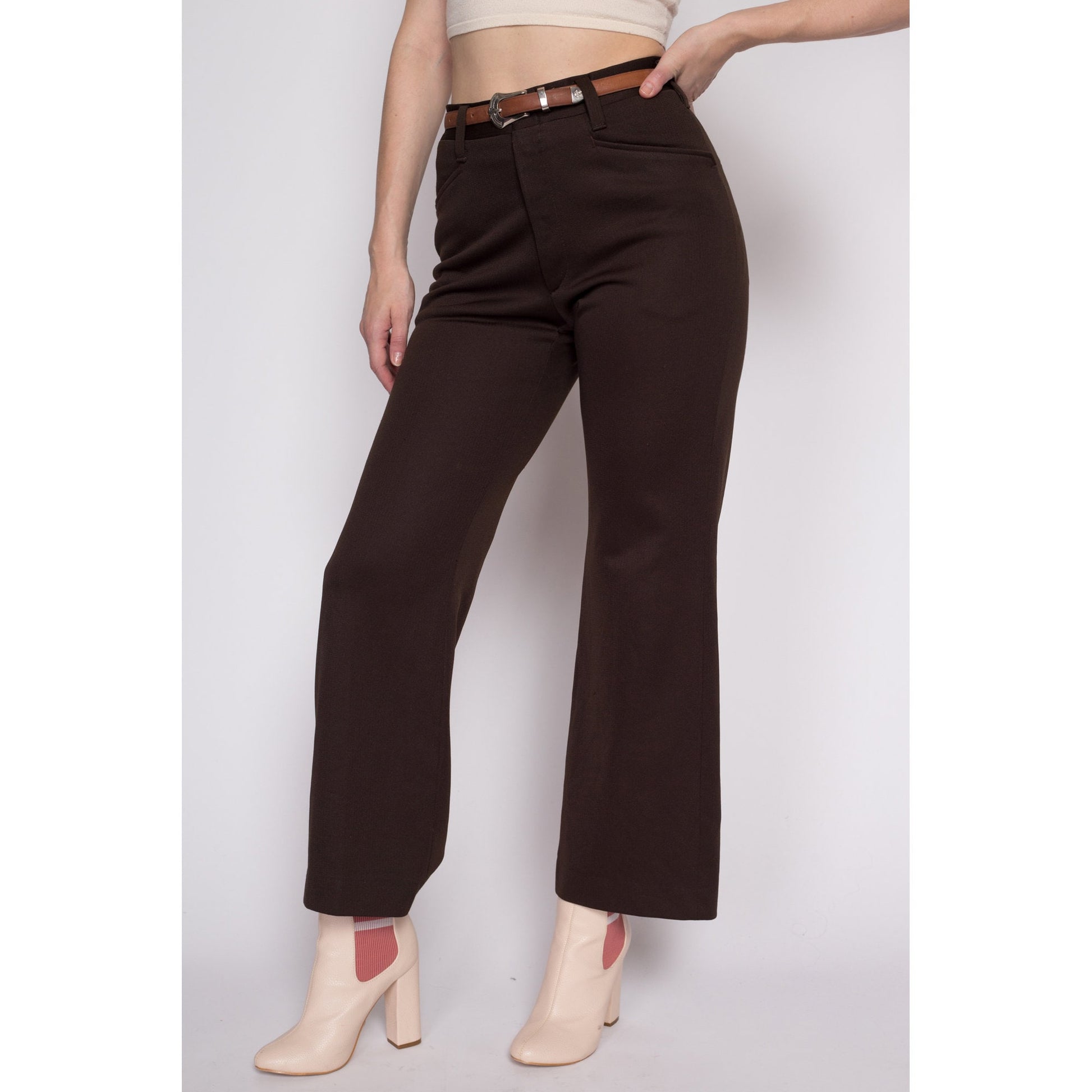 30.5" 70s Brown Haggar Slacks Unisex | Vintage High Waisted Flared Bootcut Trousers