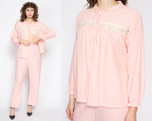 Med-Lrg 70s Pink Felt Pajama Set | Vintage Two Piece Peter Pan Collar Loungewear Outfit