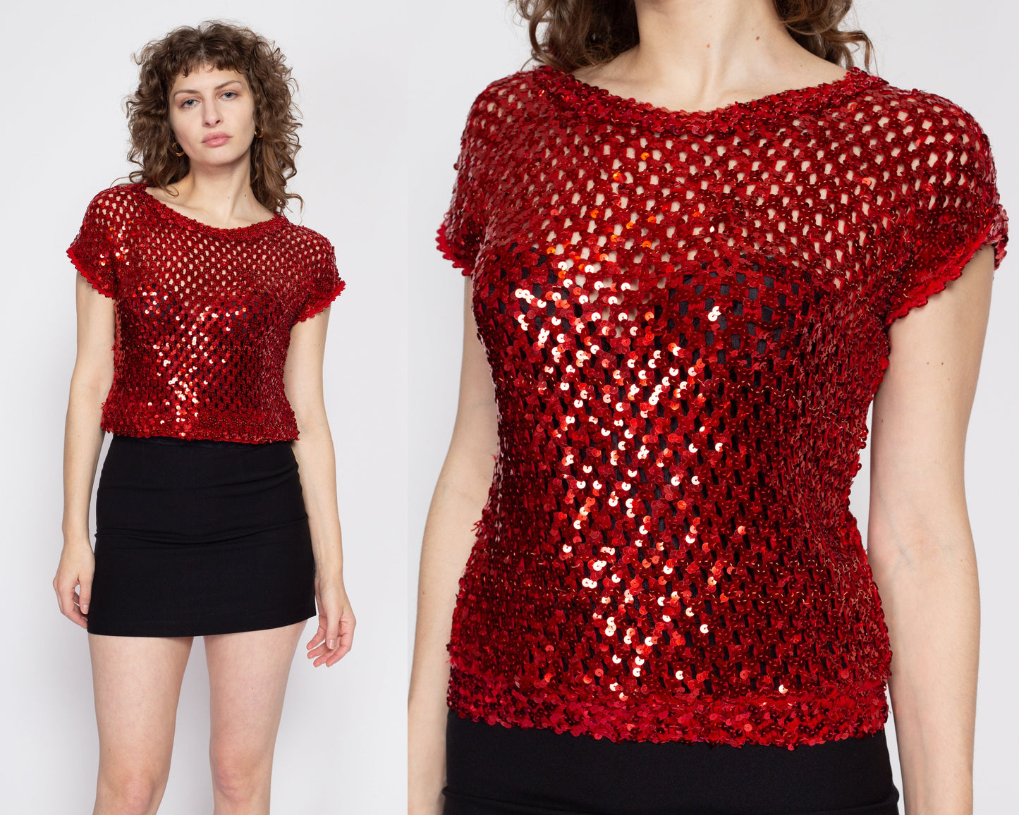 Medium 70s Red Sequin Disco Crop Top | Vintage Glam Sheer Short Sleeve Cropped Shirt