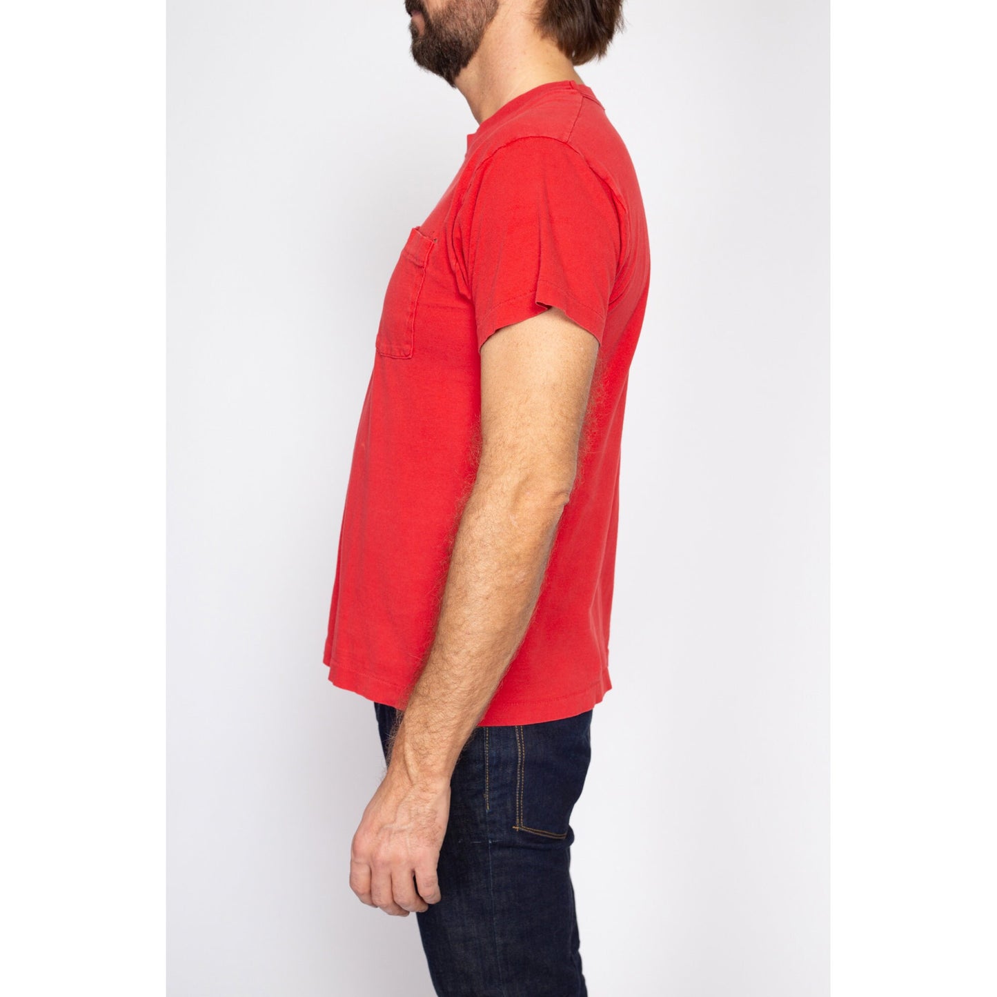 Med-Lrg 80s Plain Red Pocket Tee | Vintage Single Stitch Cotton T Shirt