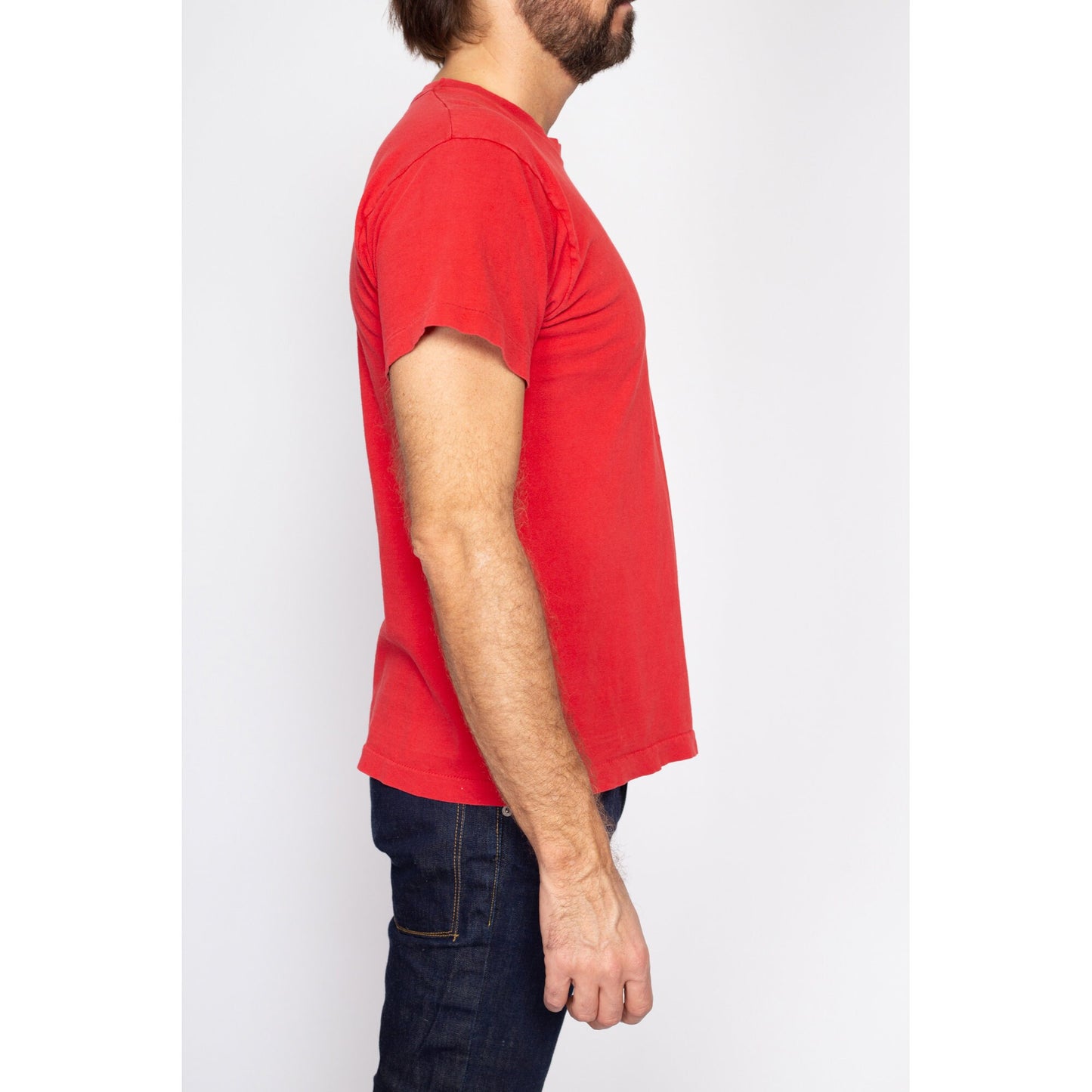 Med-Lrg 80s Plain Red Pocket Tee | Vintage Single Stitch Cotton T Shirt
