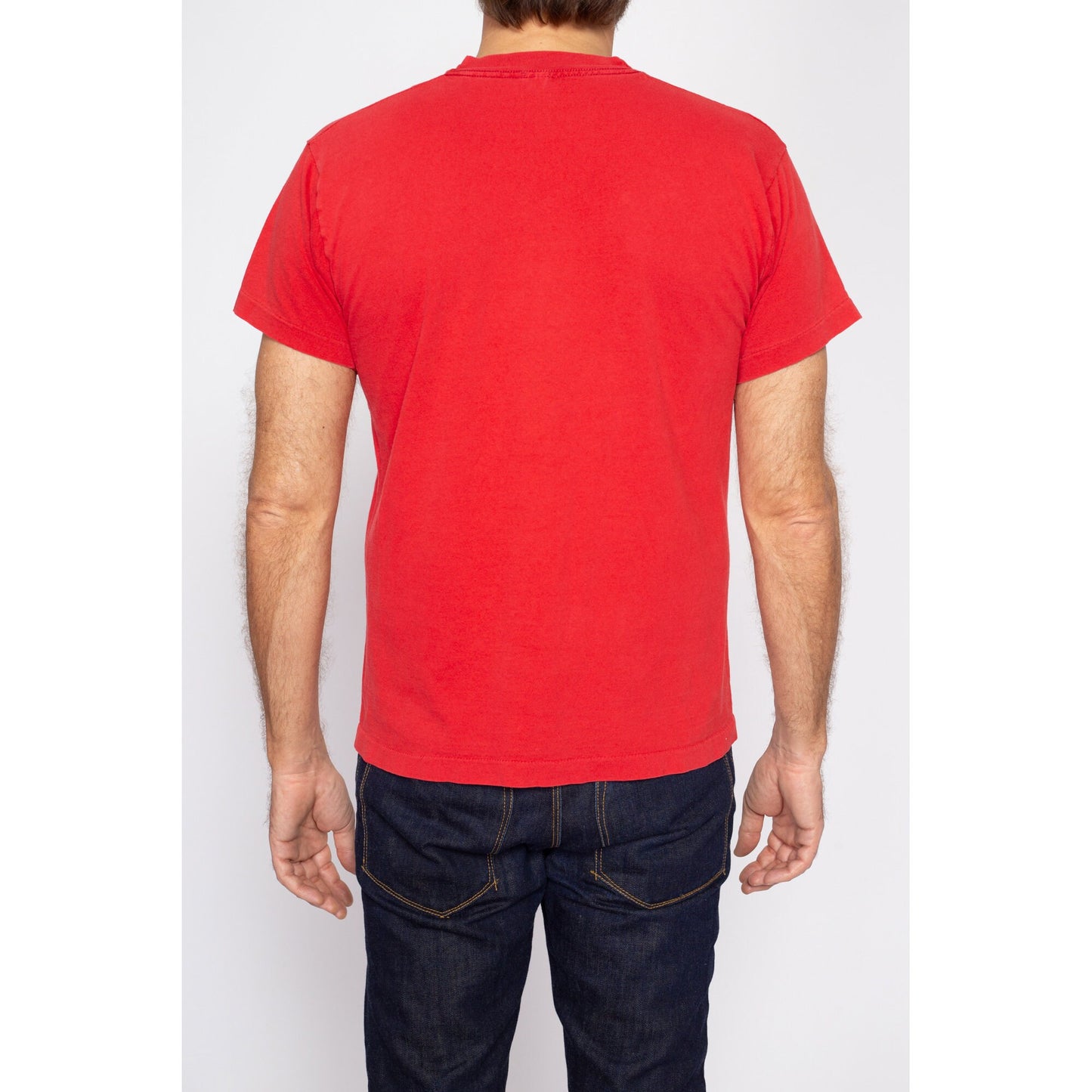 Med-Lrg 80s Plain Red Pocket Tee | Vintage Single Stitch Cotton T Shirt