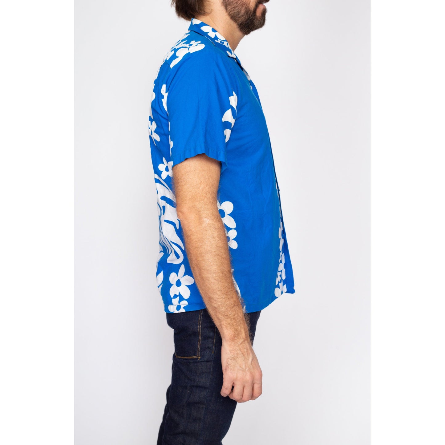 Medium 70s Hawaiian Blue Floral Aloha Shirt | Vintage Wooden Button Tropical Leaf Print Notched Collar Tourist Top