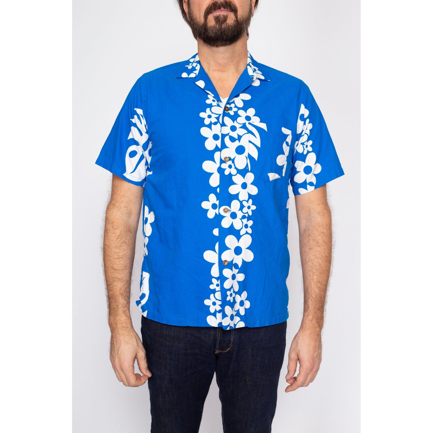 Medium 70s Hawaiian Blue Floral Aloha Shirt | Vintage Wooden Button Tropical Leaf Print Notched Collar Tourist Top