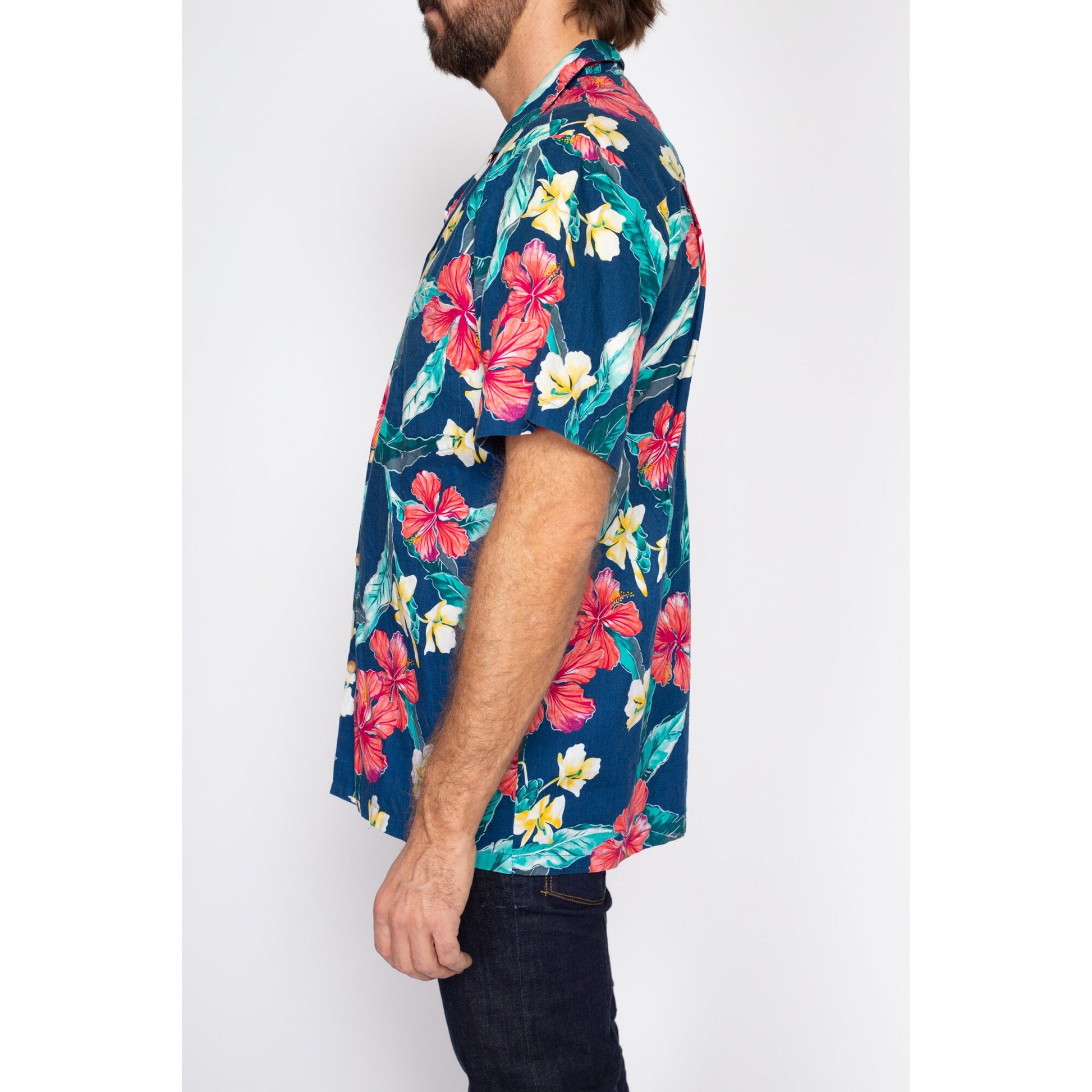 Large 80s Paradise Found Hawaiian Floral Aloha Shirt | Vintage Wooden Button Blue Tropical Leaf Print Notched Collar Top