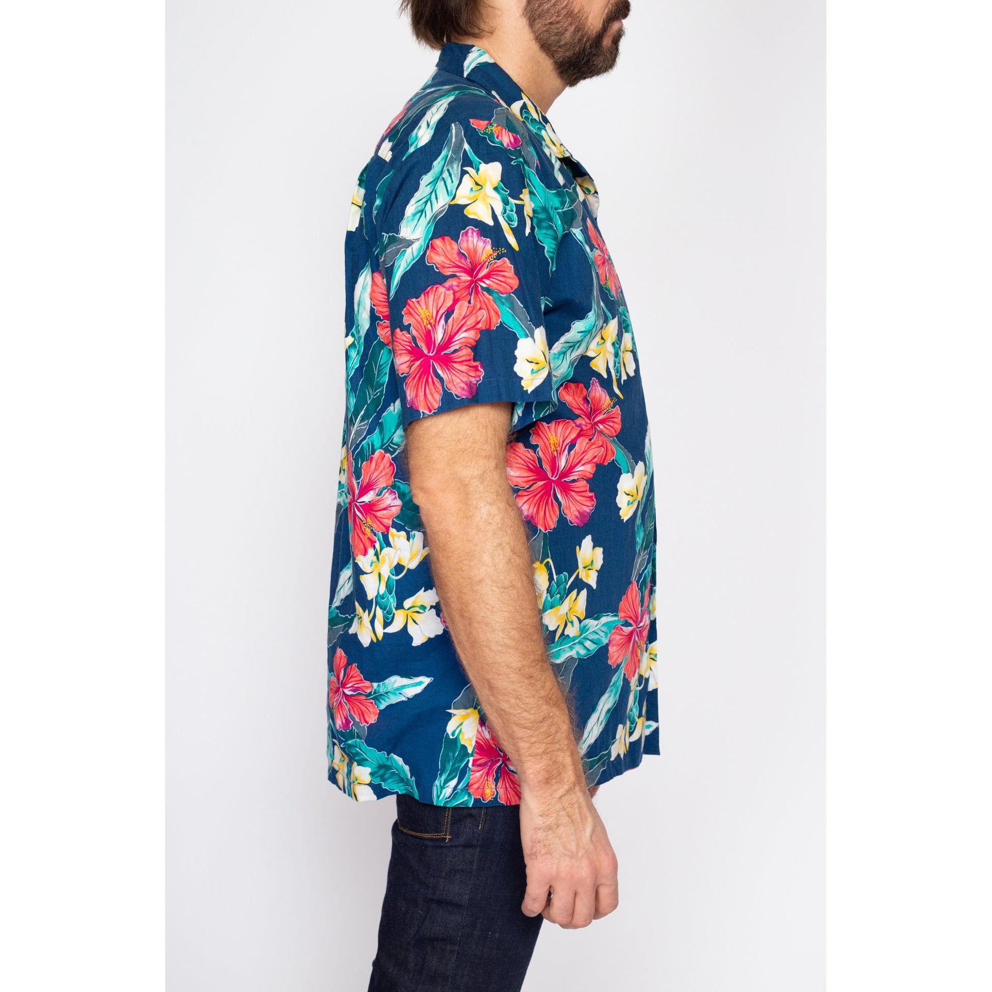 Large 80s Paradise Found Hawaiian Floral Aloha Shirt | Vintage Wooden Button Blue Tropical Leaf Print Notched Collar Top
