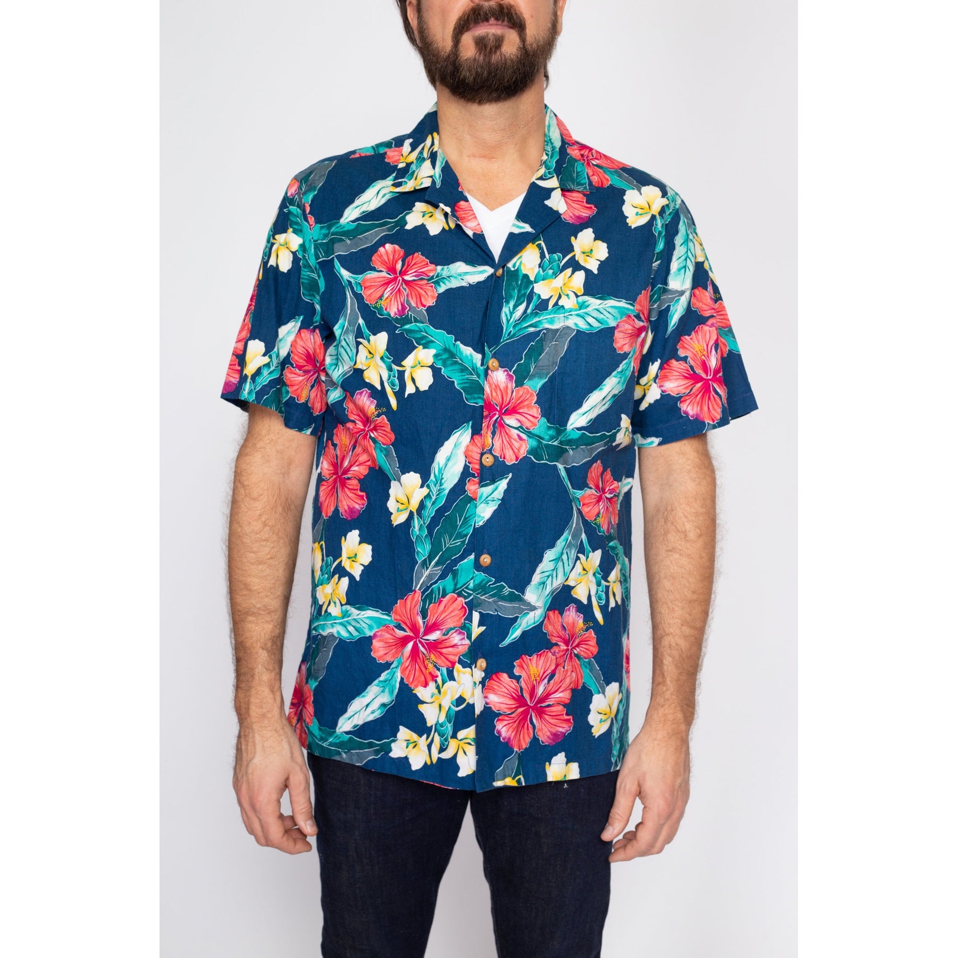 Large 80s Paradise Found Hawaiian Floral Aloha Shirt | Vintage Wooden Button Blue Tropical Leaf Print Notched Collar Top
