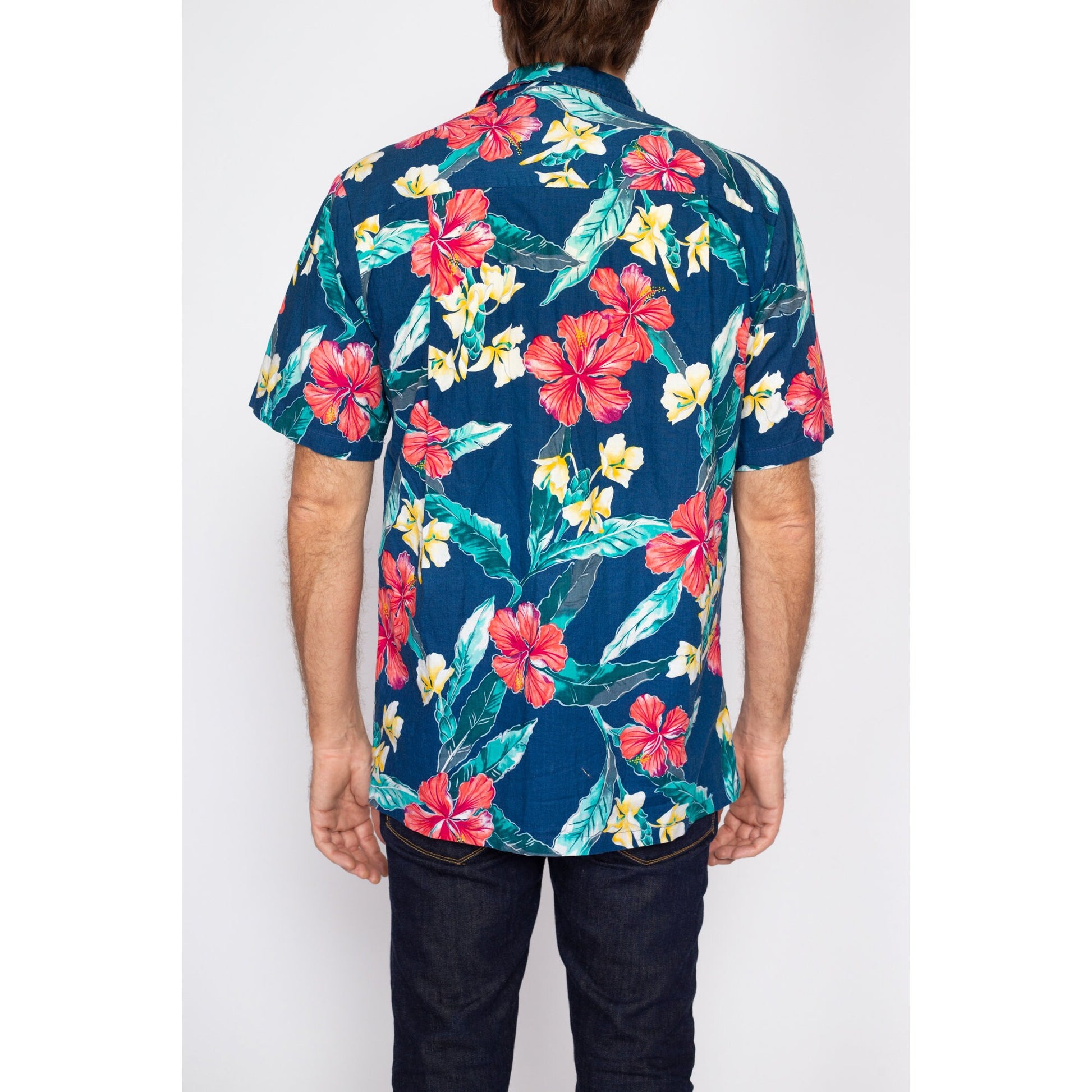 Large 80s Paradise Found Hawaiian Floral Aloha Shirt | Vintage Wooden Button Blue Tropical Leaf Print Notched Collar Top
