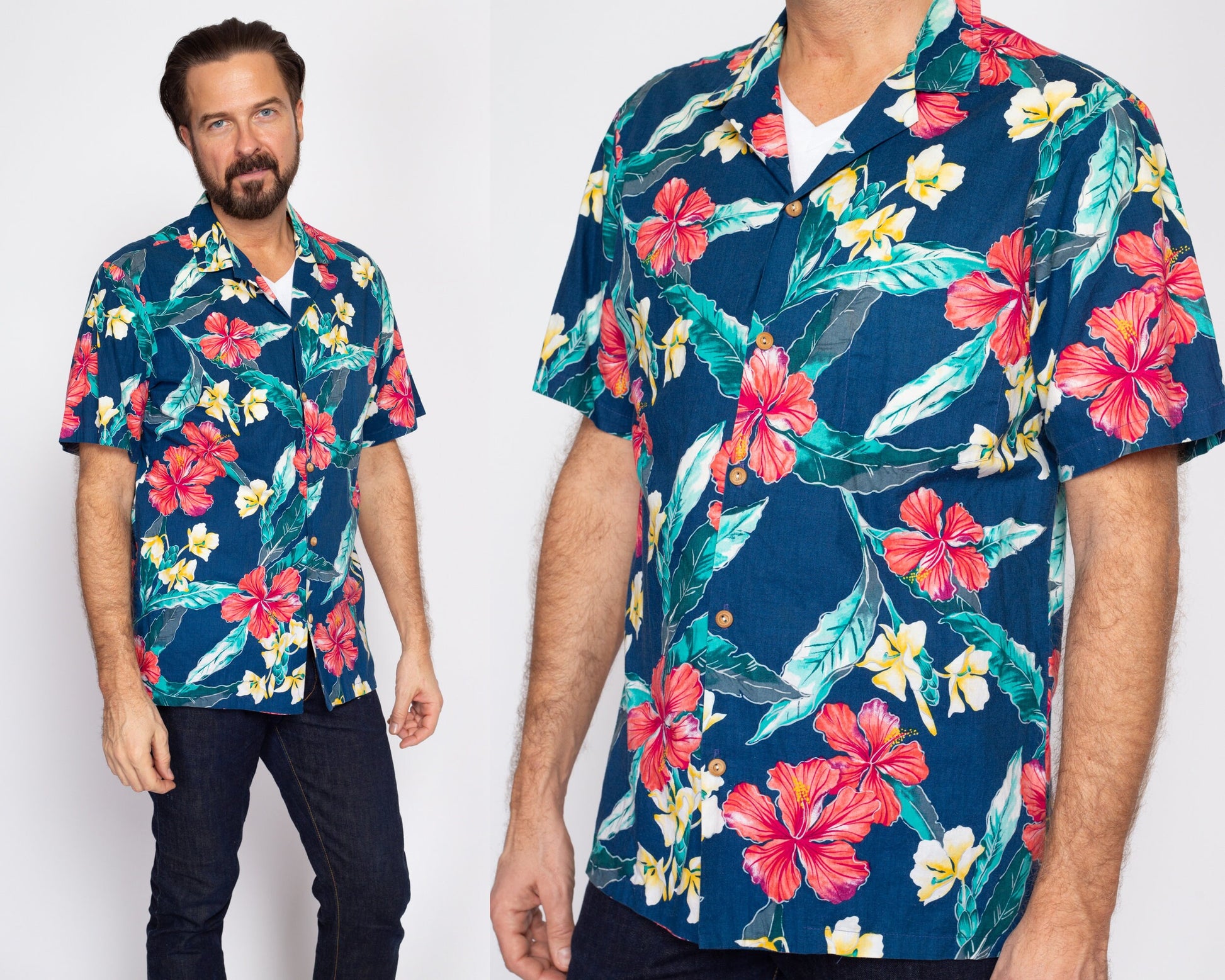Large 80s Paradise Found Hawaiian Floral Aloha Shirt | Vintage Wooden Button Blue Tropical Leaf Print Notched Collar Top