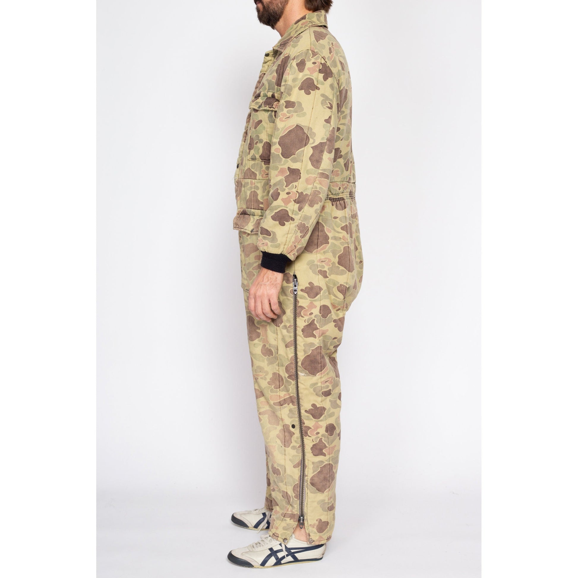 Large 80s Duck Hunt Camo Quilted Coveralls | Vintage Camouflage Outdoor Gear Hunting Jumpsuit
