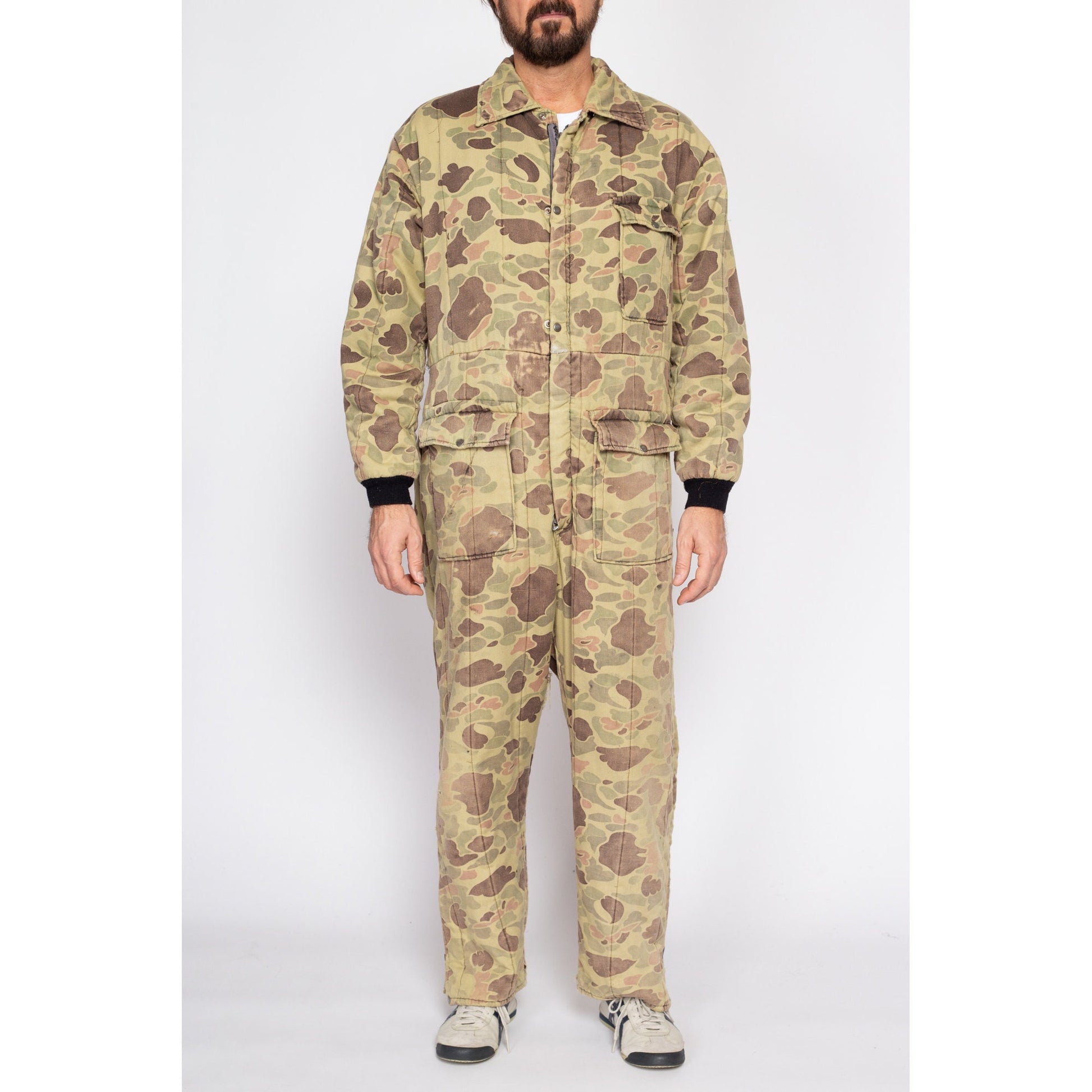 Large 80s Duck Hunt Camo Quilted Coveralls | Vintage Camouflage Outdoor Gear Hunting Jumpsuit