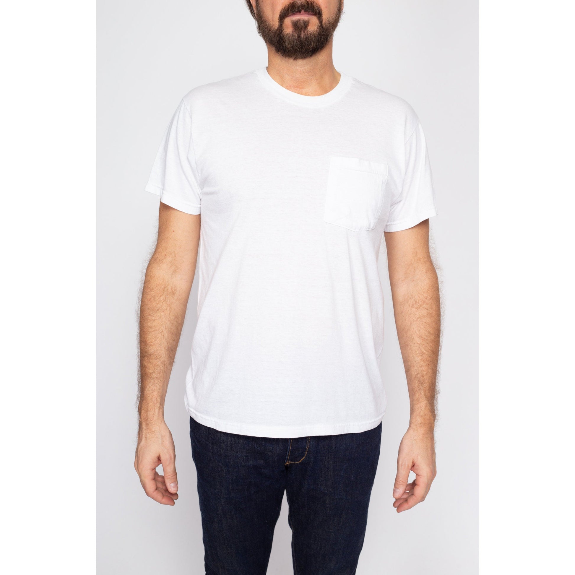 Med-Lrg 90s Plain White Pocket Tee | Vintage Short Sleeve Crewneck Undershirt T Shirt