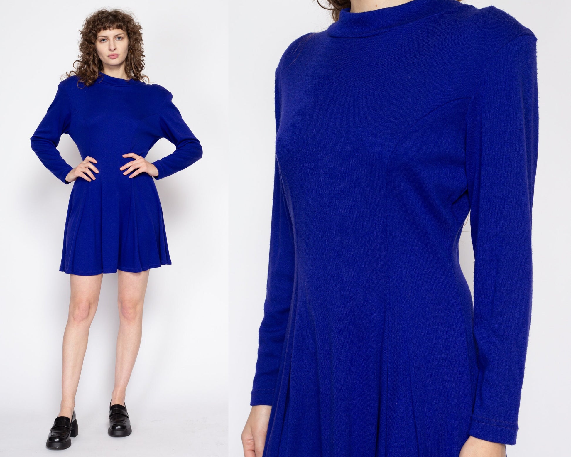 royal blue sweater dress 80s Royal Blue Knit Mini Sweater Dress